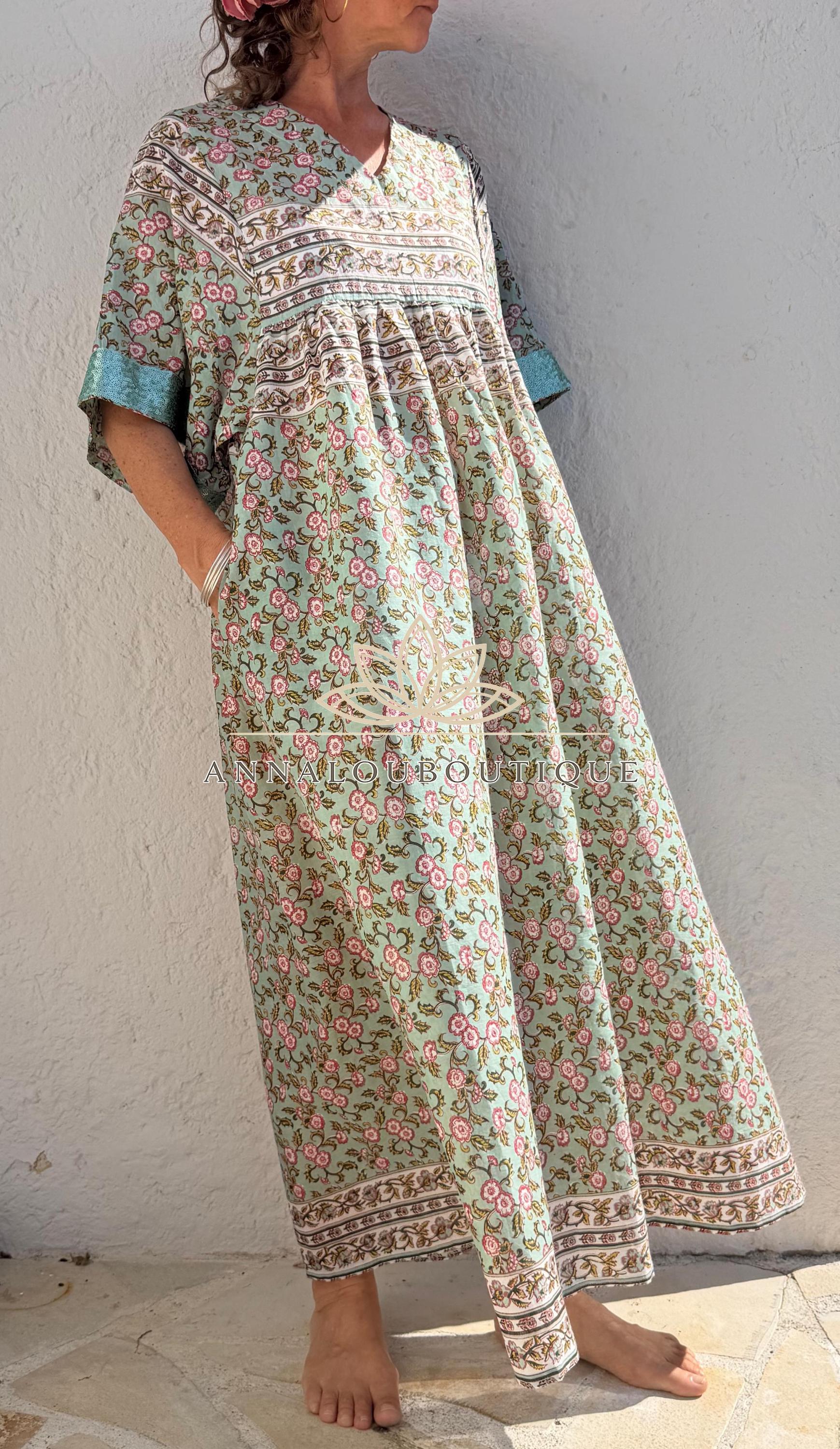 Water Green Floral Maxi Dress, Oversized Soft Cotton Summer Dress, Bohemian Resort Wear, Flowy Casual Outfit, Lightweight Women’s Clothing