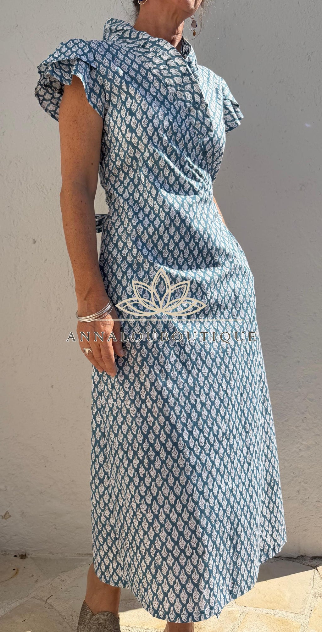 Blue Grey Paisley Wrap Dress, Cotton Maxi Dress, Bohemian Summer Outfit, Ruffled Collar Short Sleeve Dress, Flowy Resort Wear