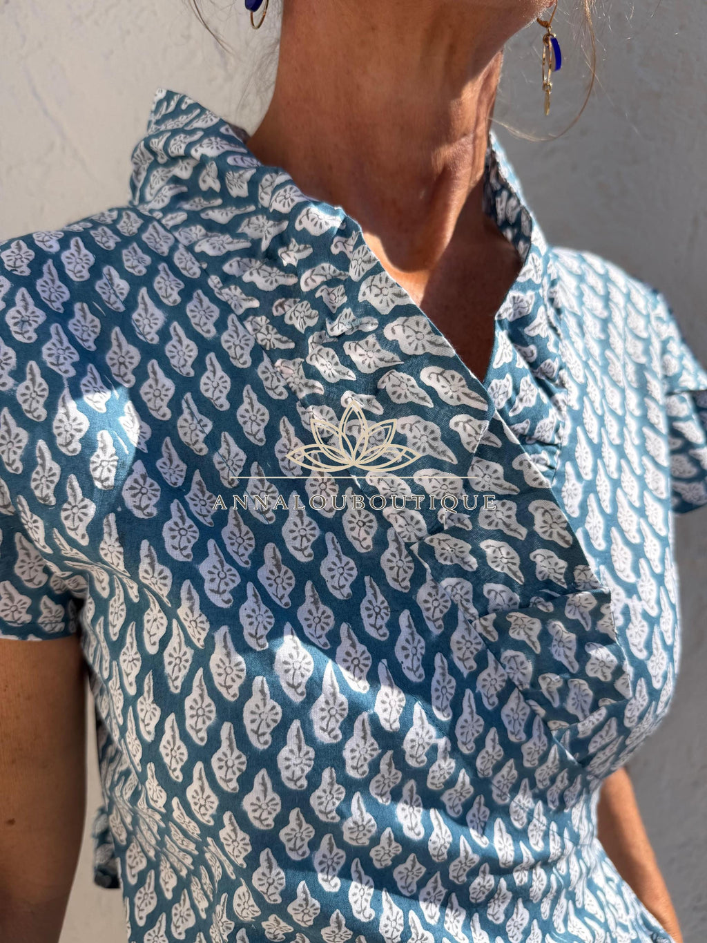 Blue Grey Paisley Wrap Dress, Cotton Maxi Dress, Bohemian Summer Outfit, Ruffled Collar Short Sleeve Dress, Flowy Resort Wear