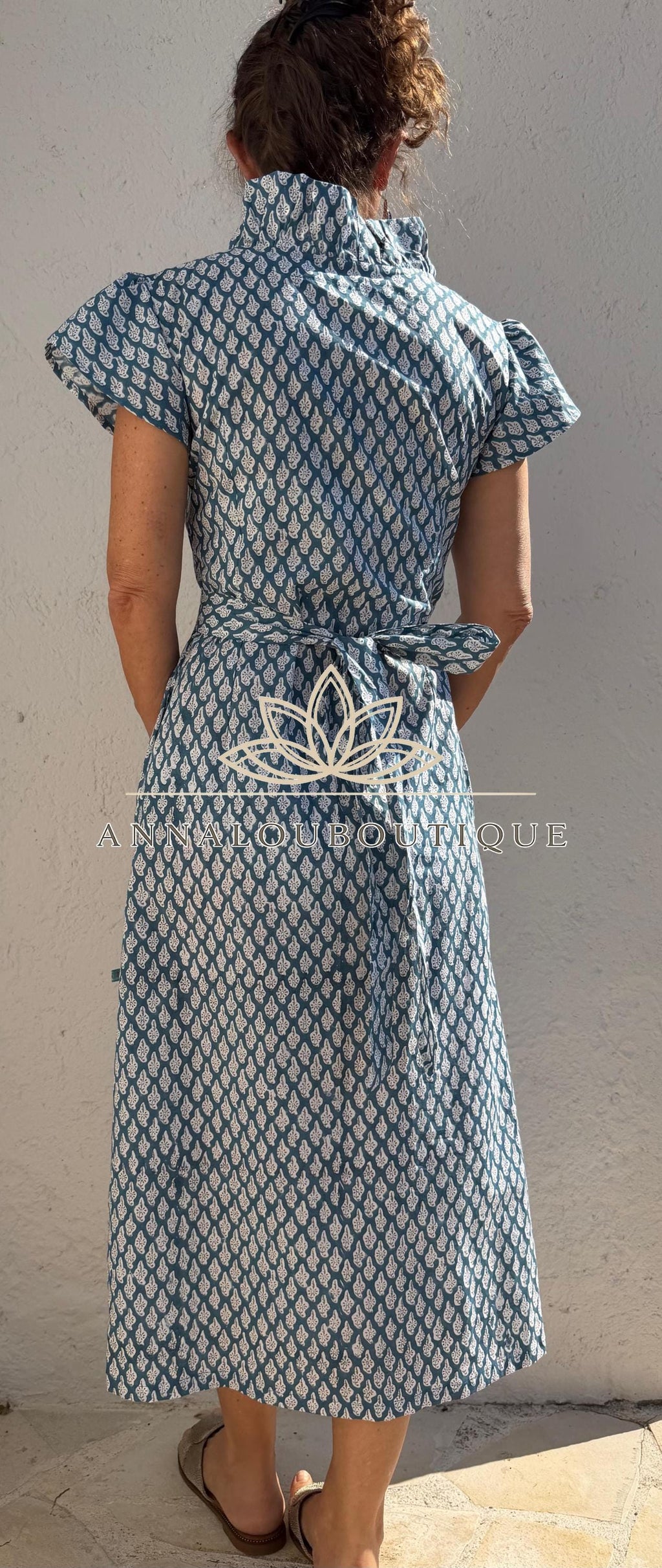 Blue Grey Paisley Wrap Dress, Cotton Maxi Dress, Bohemian Summer Outfit, Ruffled Collar Short Sleeve Dress, Flowy Resort Wear