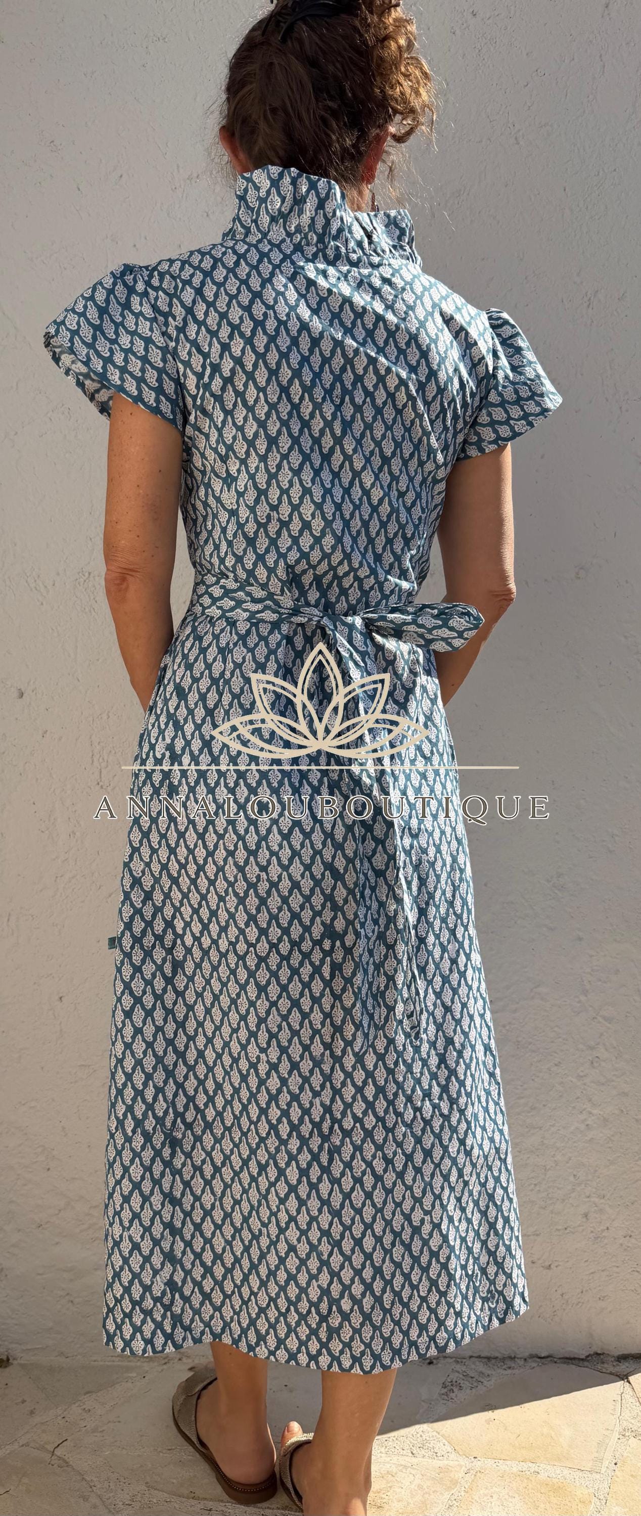 Blue Grey Paisley Wrap Dress, Cotton Maxi Dress, Bohemian Summer Outfit, Ruffled Collar Short Sleeve Dress, Flowy Resort Wear