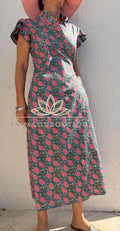 Multicolor Floral Wrap Dress, Cotton Maxi Dress, Bohemian Summer Outfit, Short Sleeve Ruffle Collar Dress, Flowy Women’s Resort Wear
