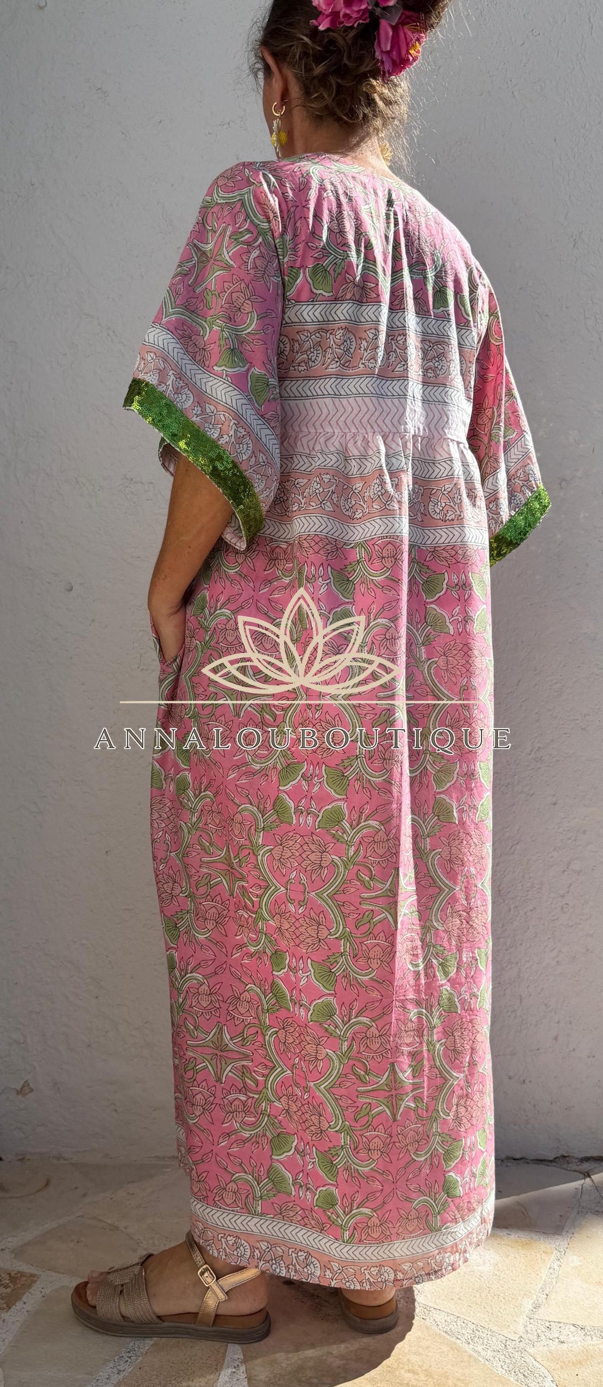 Loose pink and green dress with sequin sleeves