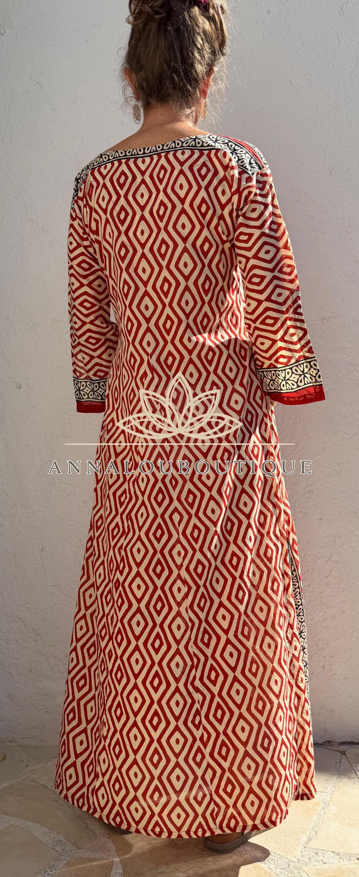 Rust Beige Diamond Cotton Kaftan Dress, Soft Cotton Maxi Dress, Bohemian Summer Outfit, Flowy Resort Wear, Lightweight Women’s Fashion