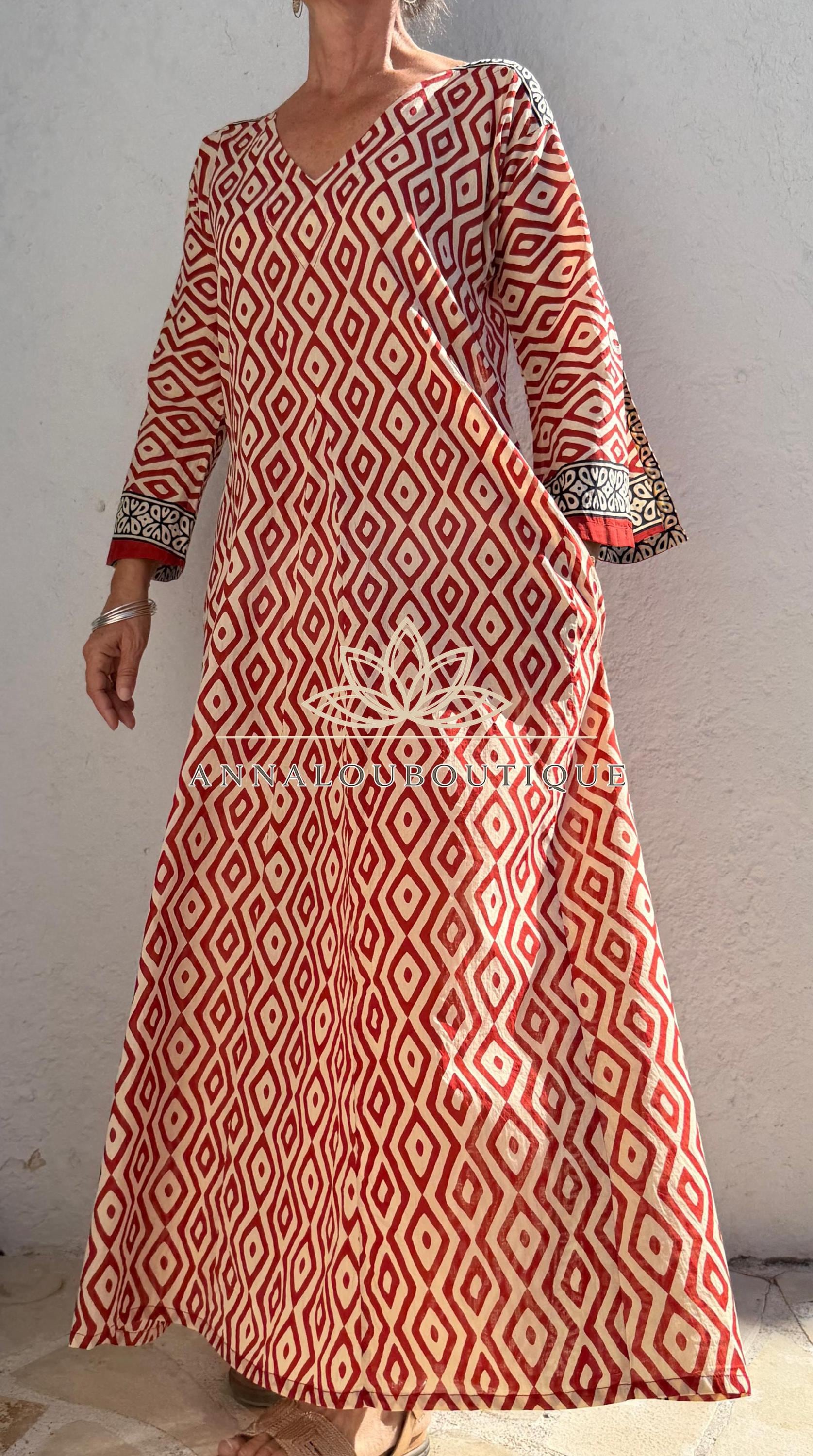 Rust Beige Diamond Cotton Kaftan Dress, Soft Cotton Maxi Dress, Bohemian Summer Outfit, Flowy Resort Wear, Lightweight Women’s Fashion