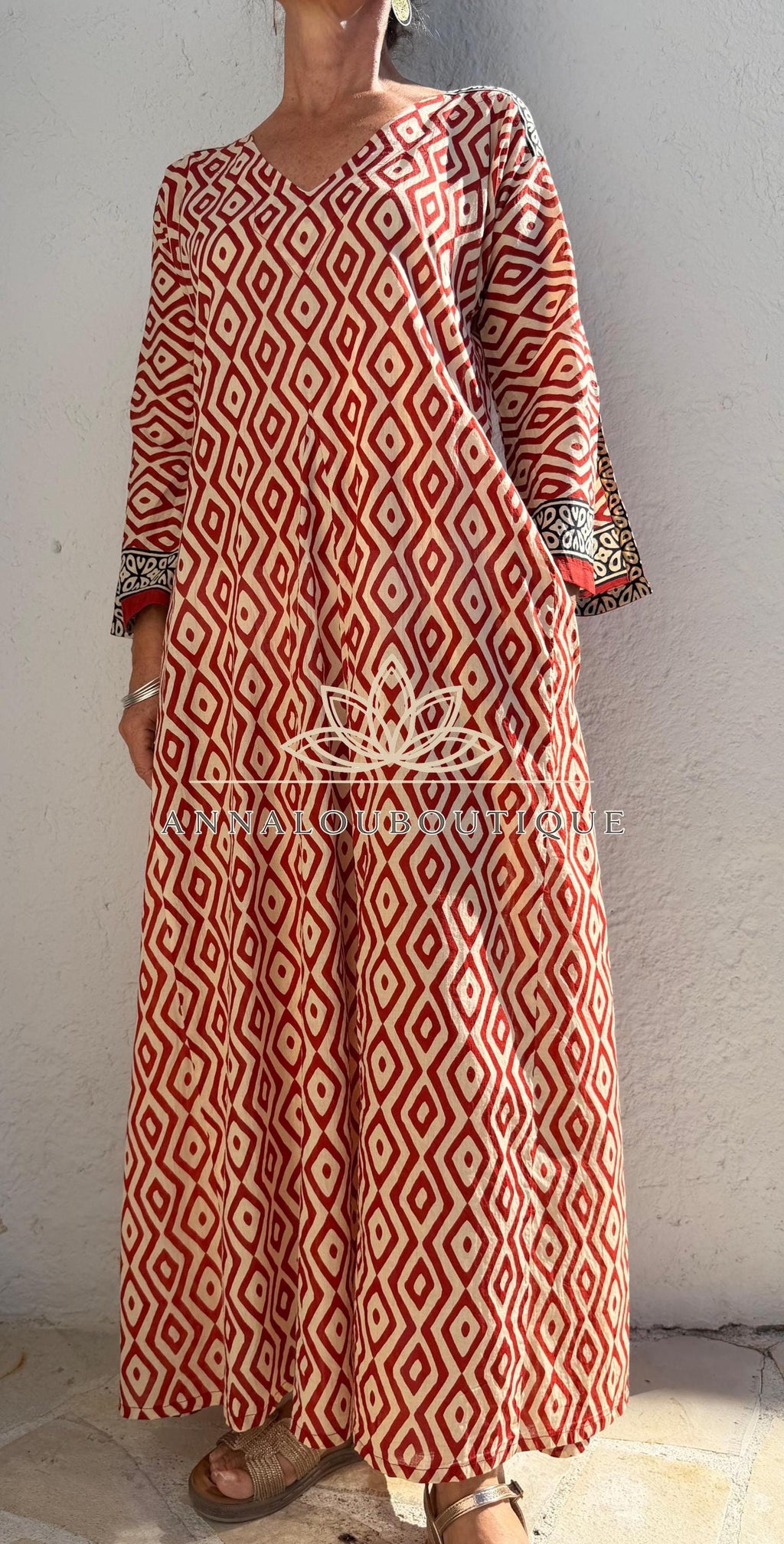 Rust Beige Diamond Cotton Kaftan Dress, Soft Cotton Maxi Dress, Bohemian Summer Outfit, Flowy Resort Wear, Lightweight Women’s Fashion