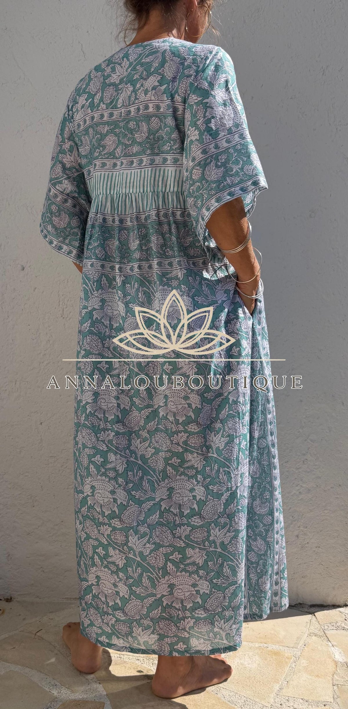 Loose green floral cotton kaftan dress