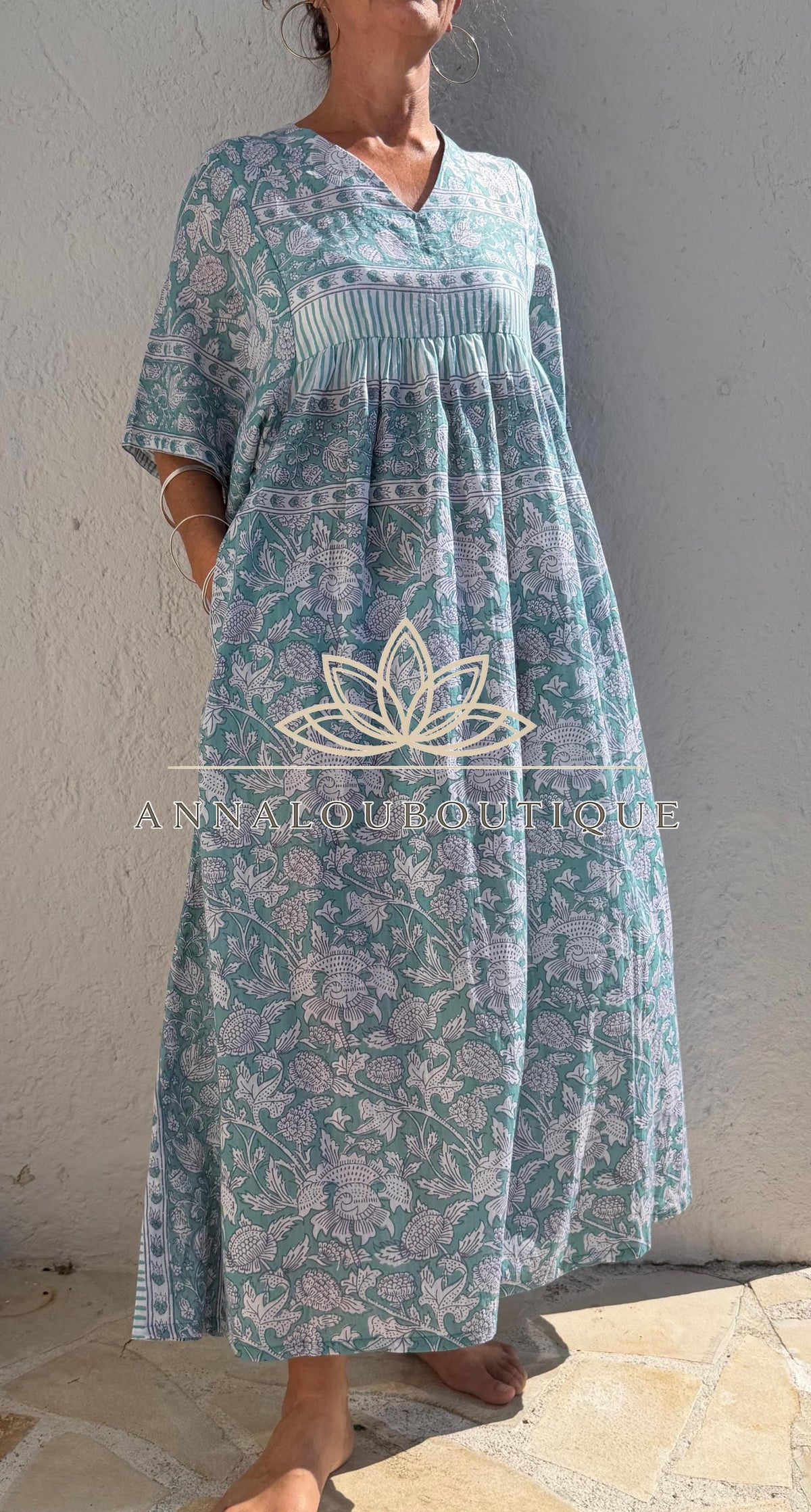 Loose green floral cotton kaftan dress