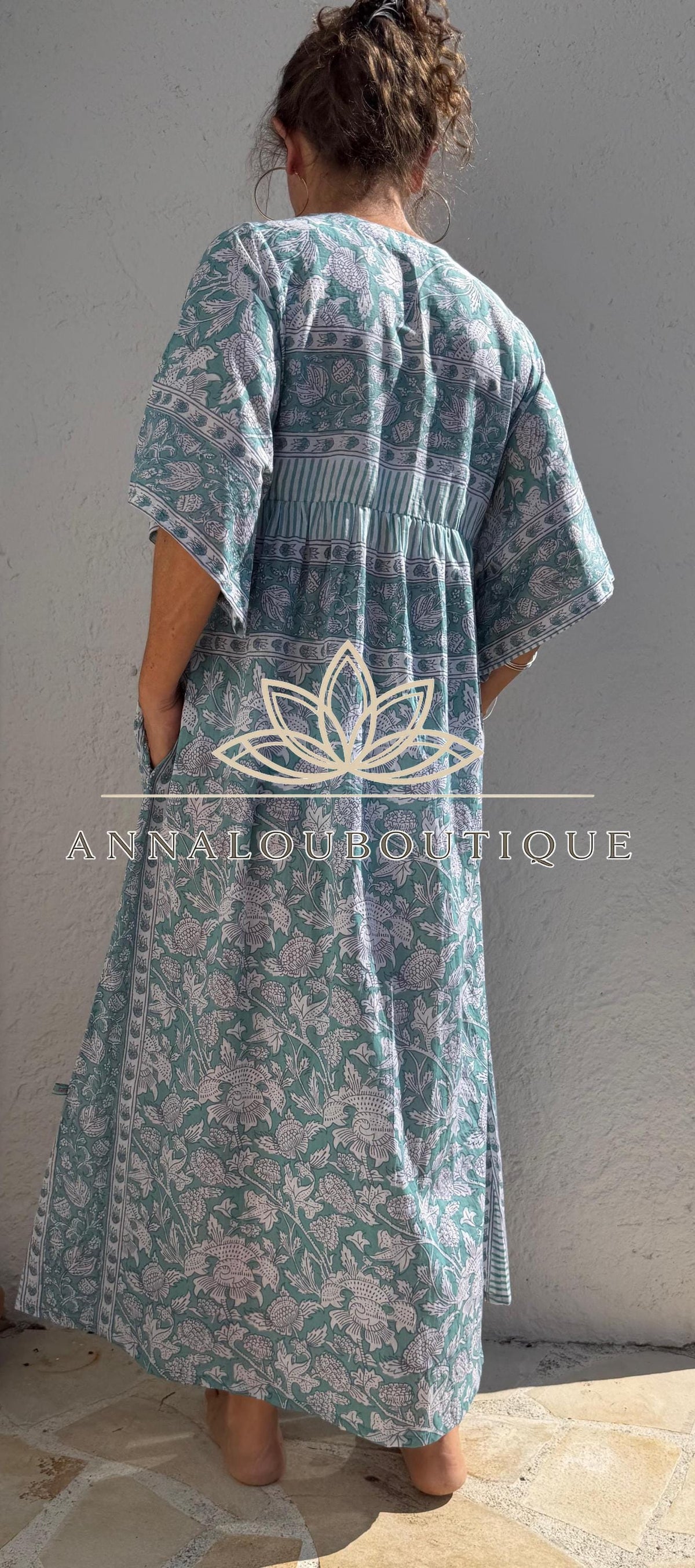 Loose green floral cotton kaftan dress