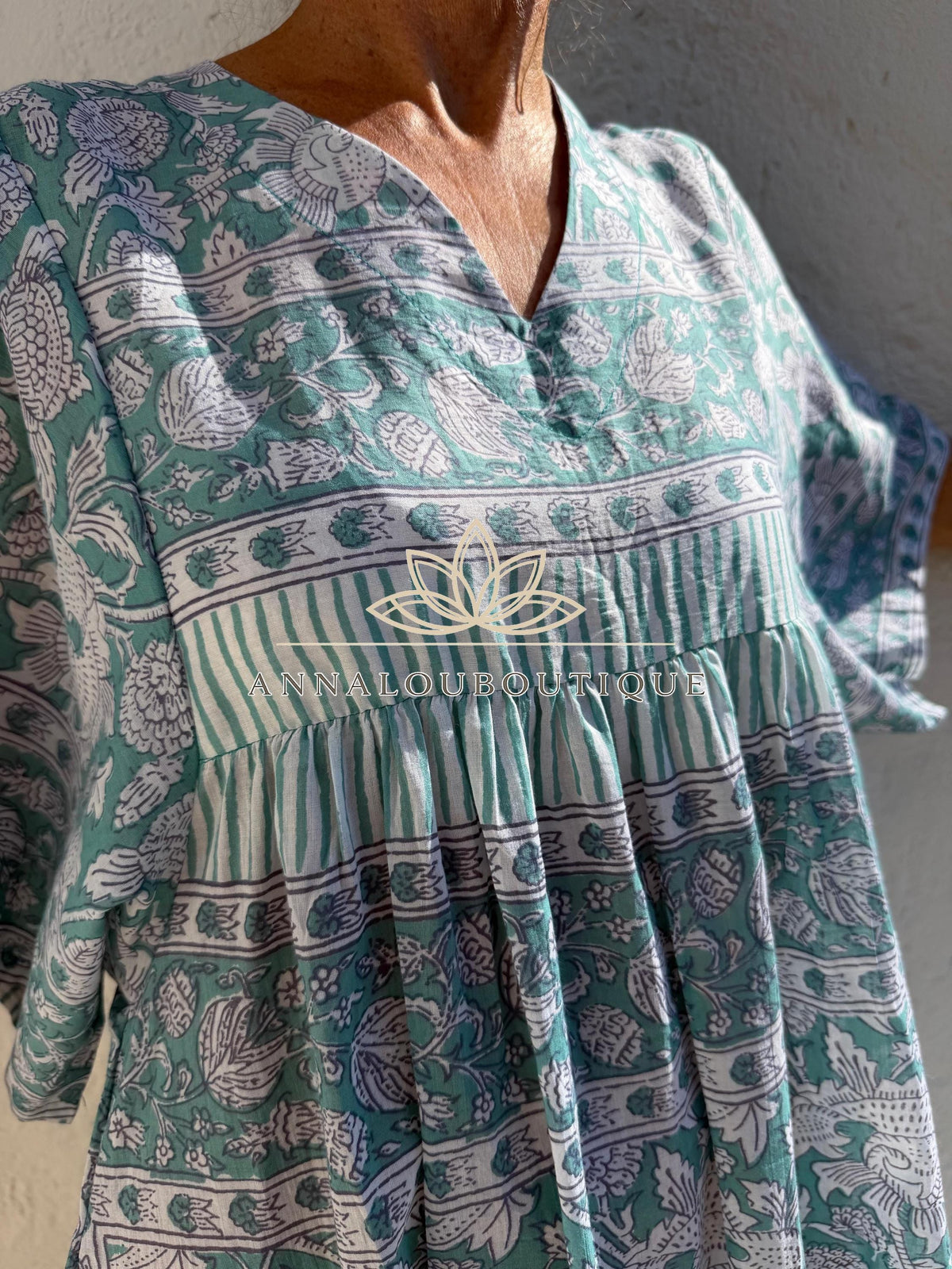 Loose green floral cotton kaftan dress
