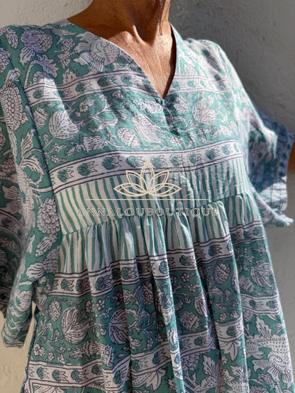Loose green floral cotton kaftan dress