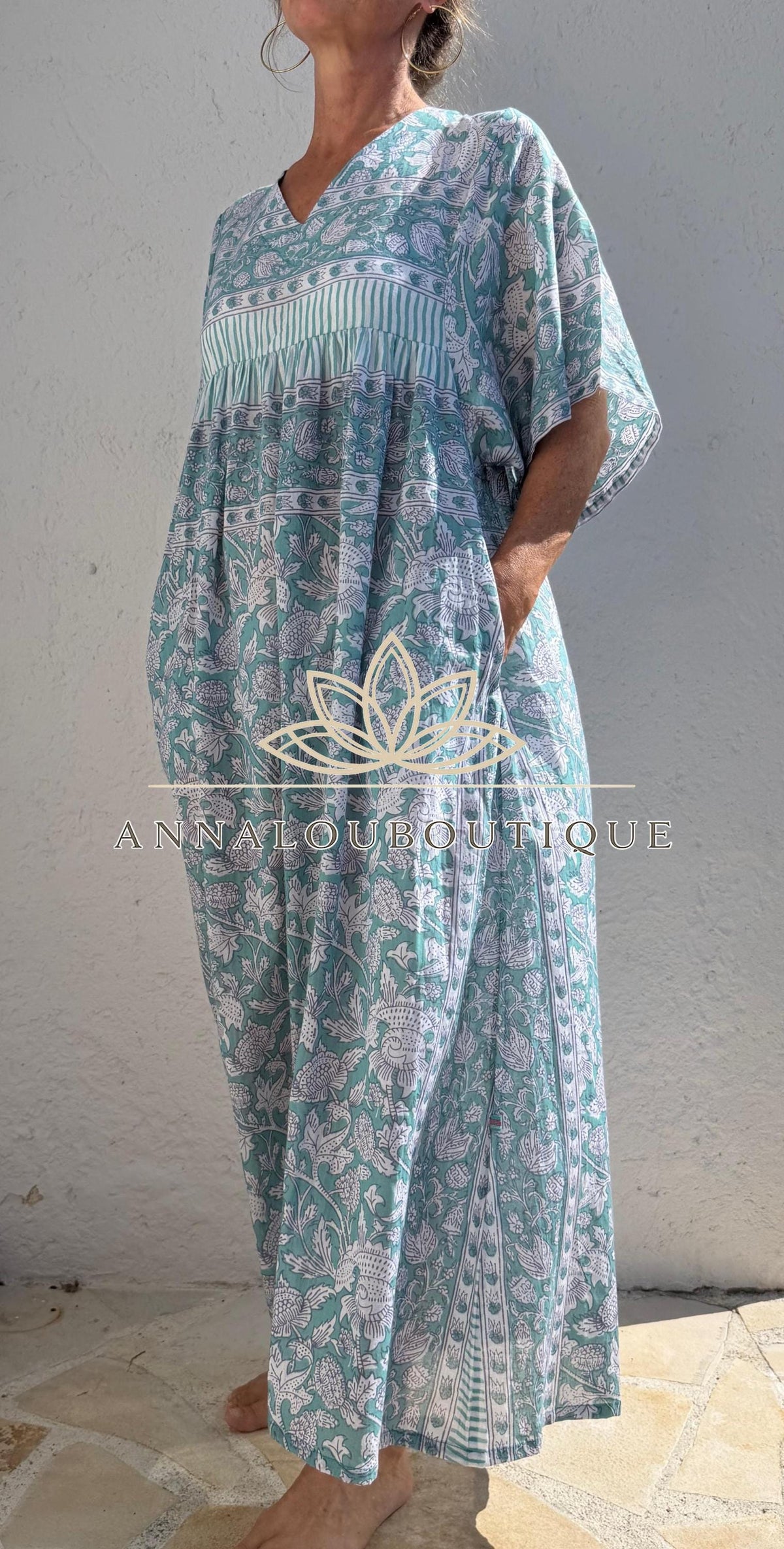 Loose green floral cotton kaftan dress