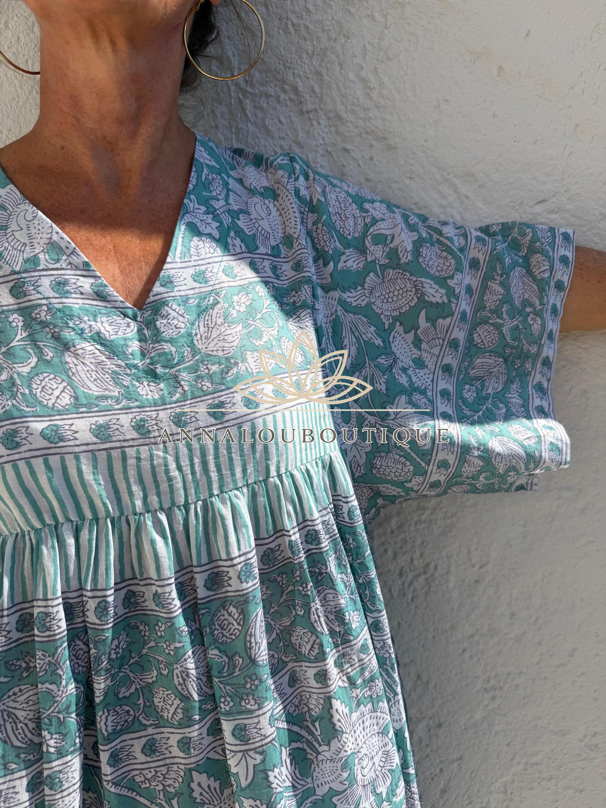 Loose green floral cotton kaftan dress