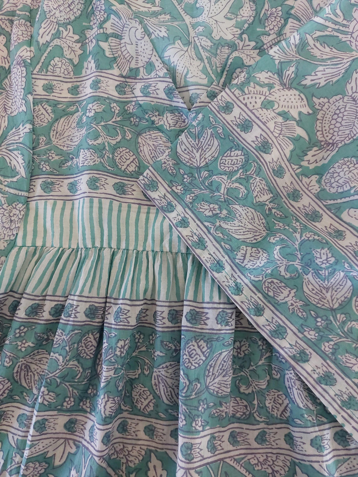 Fabric and finishing details: Loose green floral cotton kaftan dress
