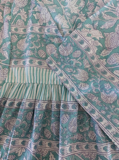 Fabric and finishing details: Loose green floral cotton kaftan dress