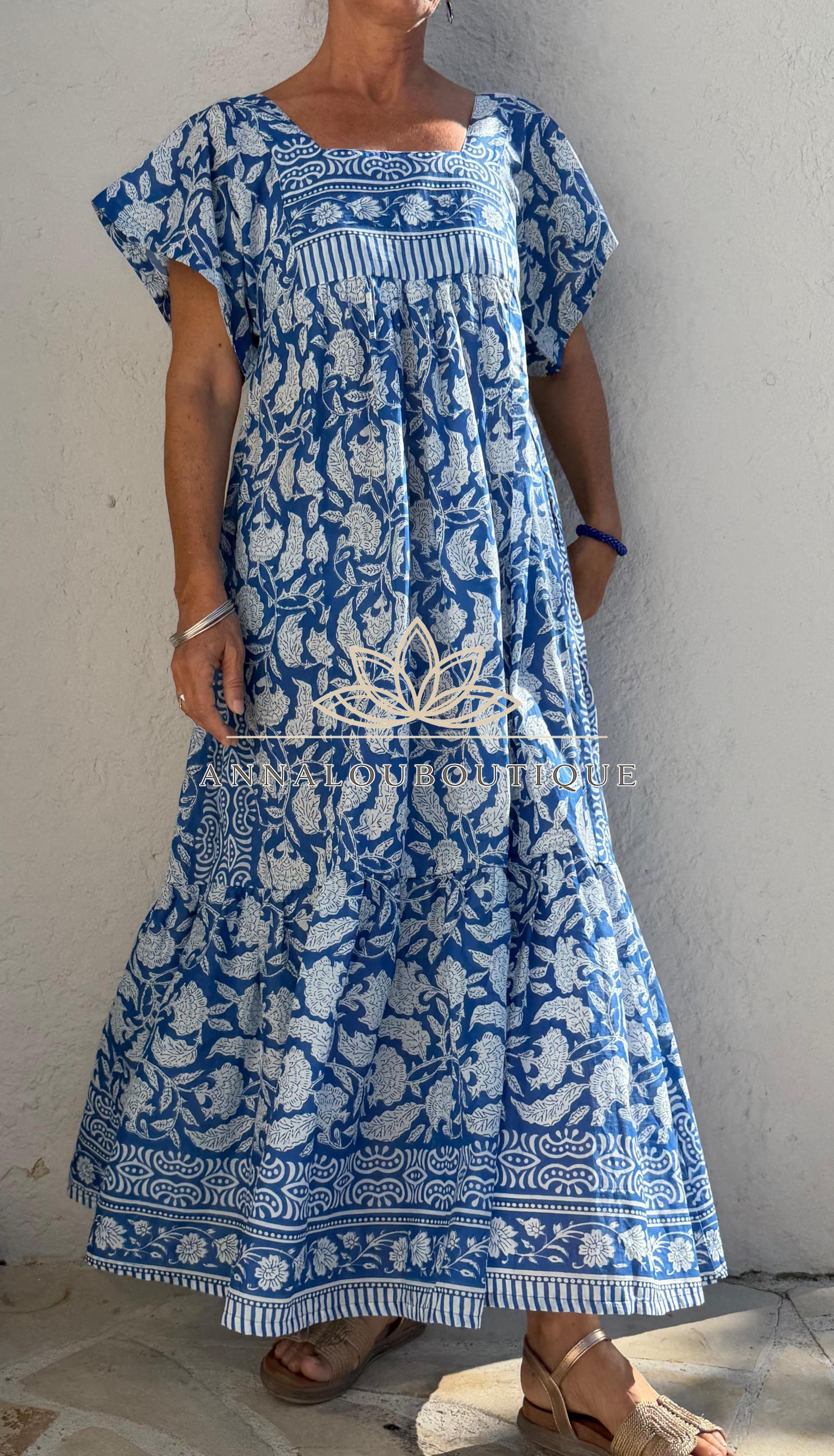 Navy Blue Floral Maxi Dress, Handmade Cotton Summer Dress, Flowy Bohemian Resort Wear, Lightweight Women’s Clothing, Limited Edition