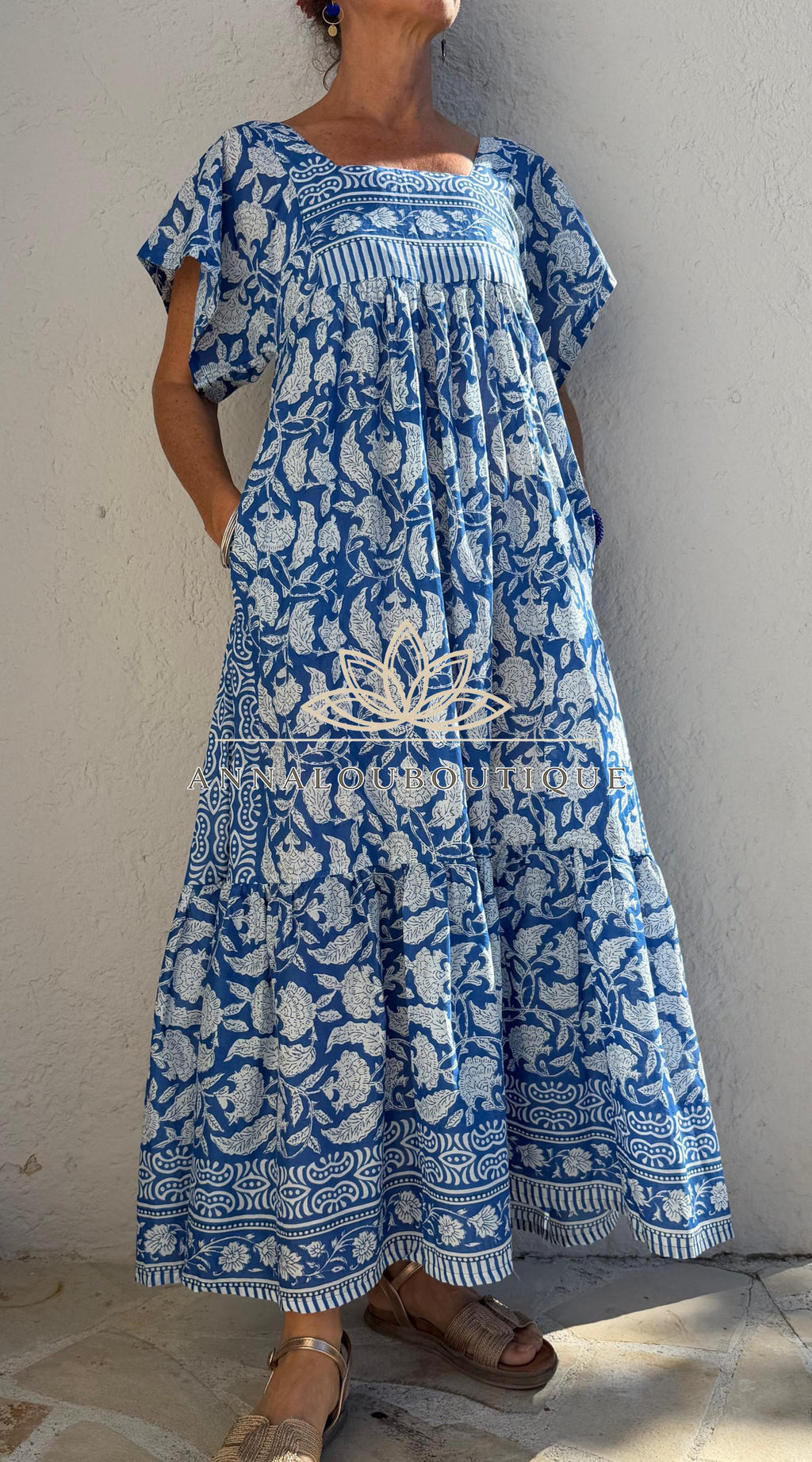 Navy Blue Floral Maxi Dress, Handmade Cotton Summer Dress, Flowy Bohemian Resort Wear, Lightweight Women’s Clothing, Limited Edition