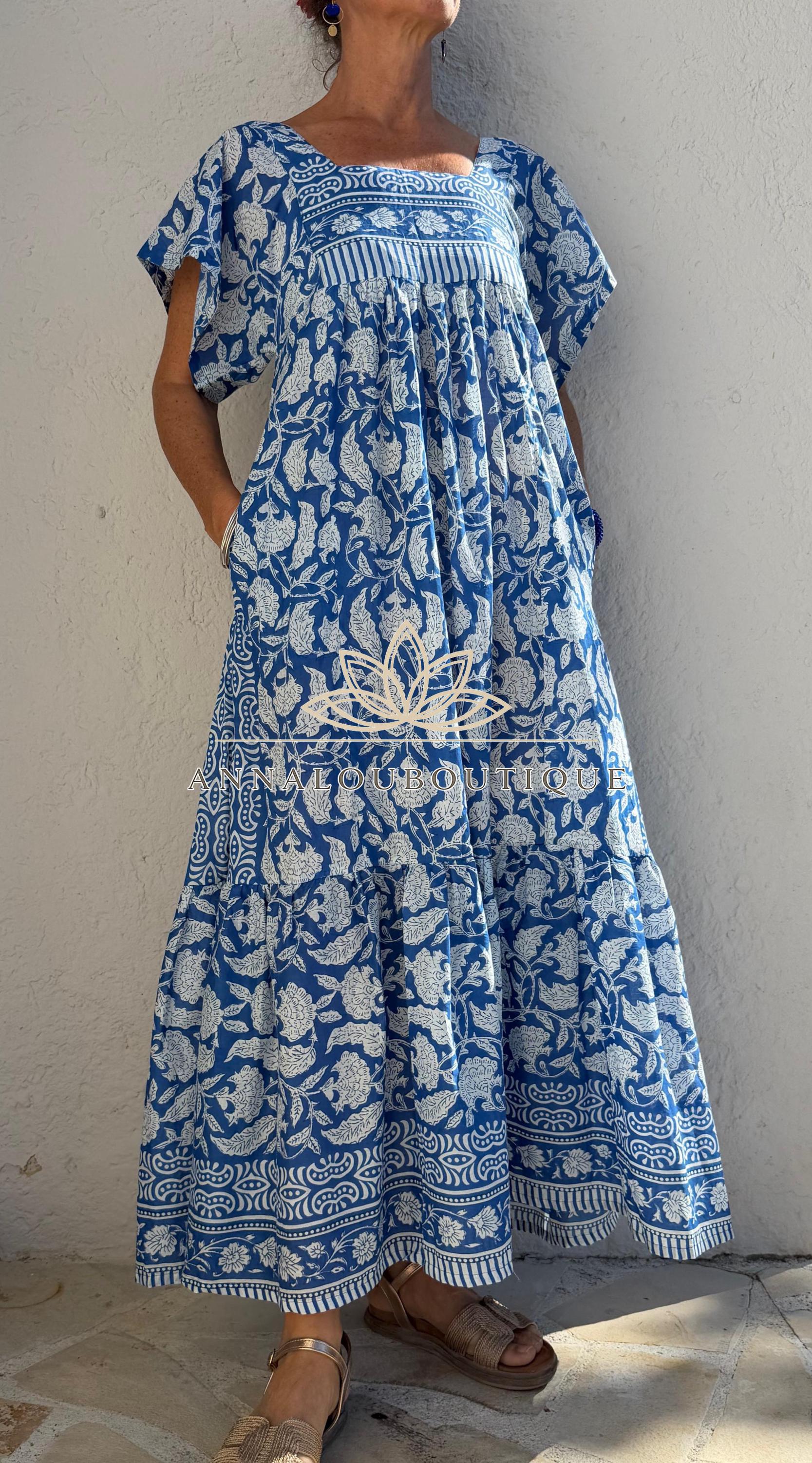 Navy Blue Floral Maxi Dress, Handmade Cotton Summer Dress, Flowy Bohemian Resort Wear, Lightweight Women’s Clothing, Limited Edition