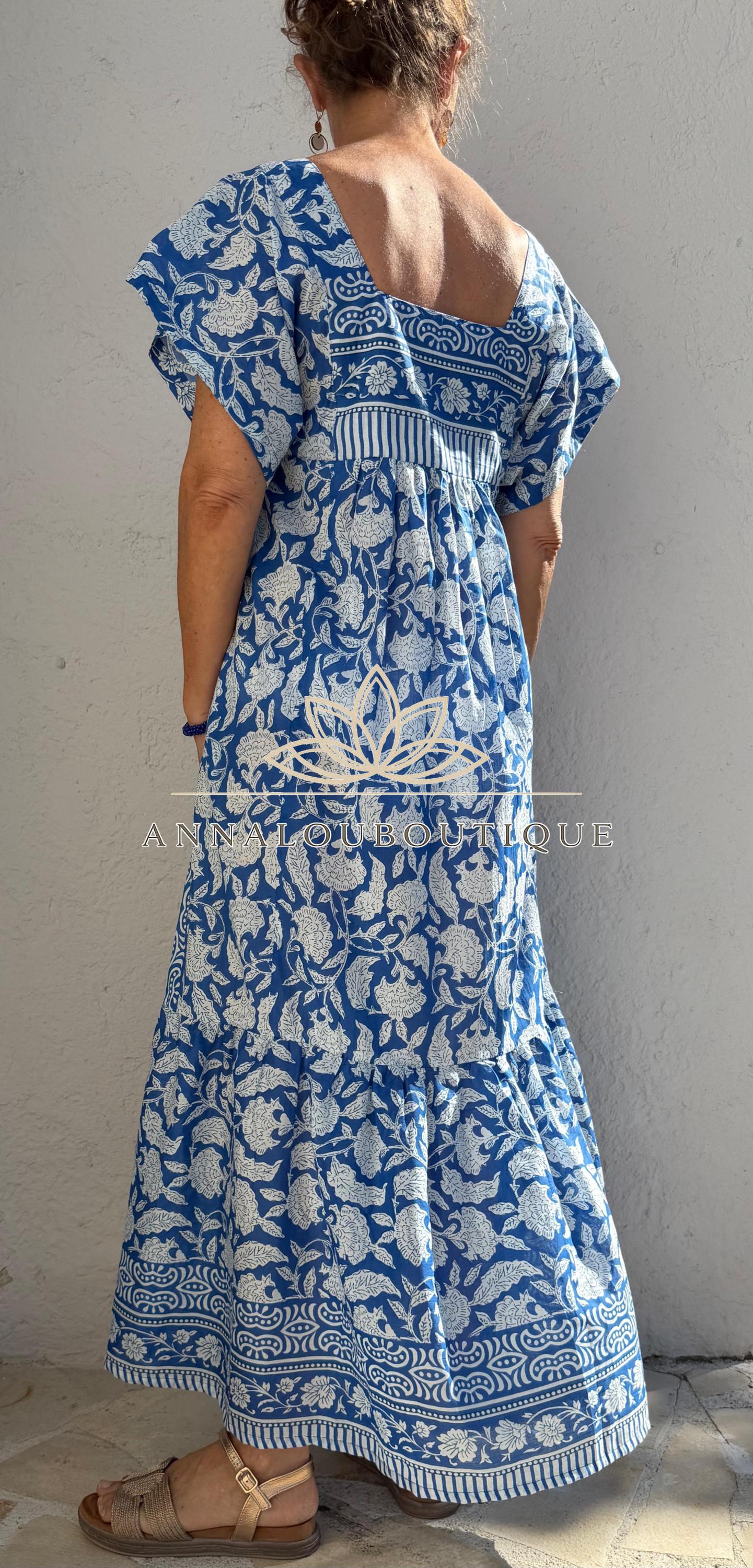 Navy Blue Floral Maxi Dress, Handmade Cotton Summer Dress, Flowy Bohemian Resort Wear, Lightweight Women’s Clothing, Limited Edition