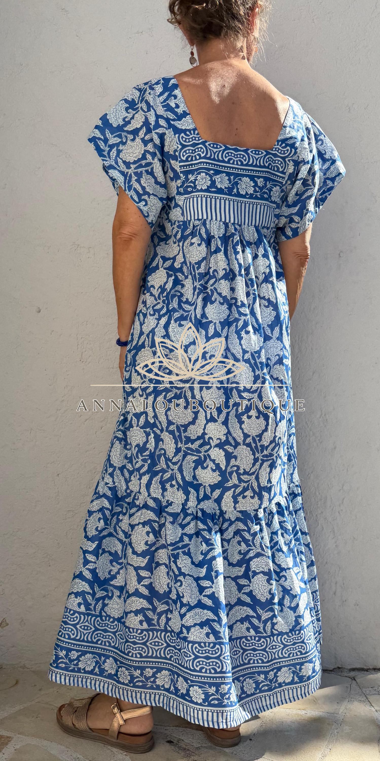 Navy Blue Floral Maxi Dress, Handmade Cotton Summer Dress, Flowy Bohemian Resort Wear, Lightweight Women’s Clothing, Limited Edition