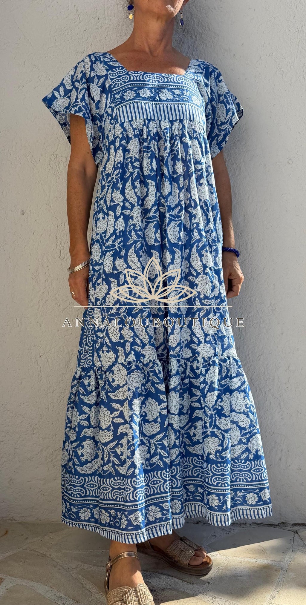 Navy Blue Floral Maxi Dress, Handmade Cotton Summer Dress, Flowy Bohemian Resort Wear, Lightweight Women’s Clothing, Limited Edition