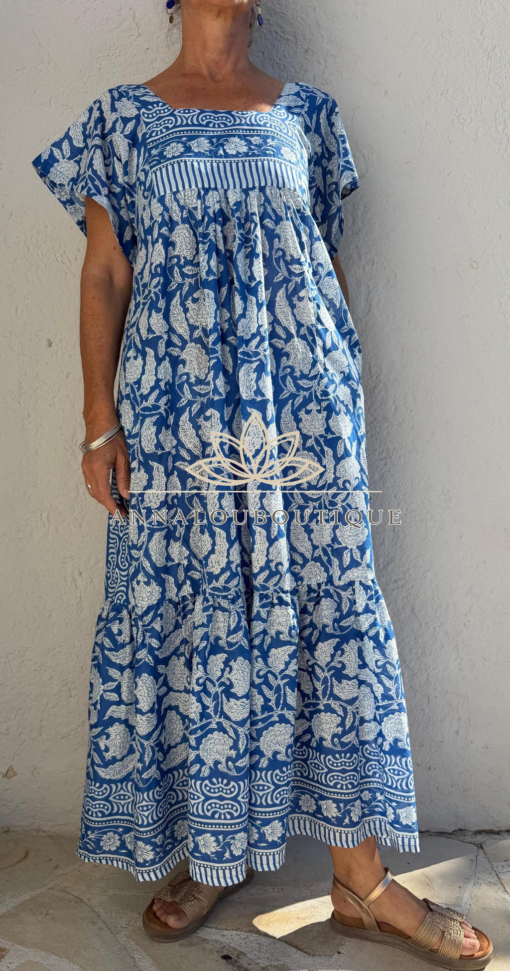 Navy Blue Floral Maxi Dress, Handmade Cotton Summer Dress, Flowy Bohemian Resort Wear, Lightweight Women’s Clothing, Limited Edition
