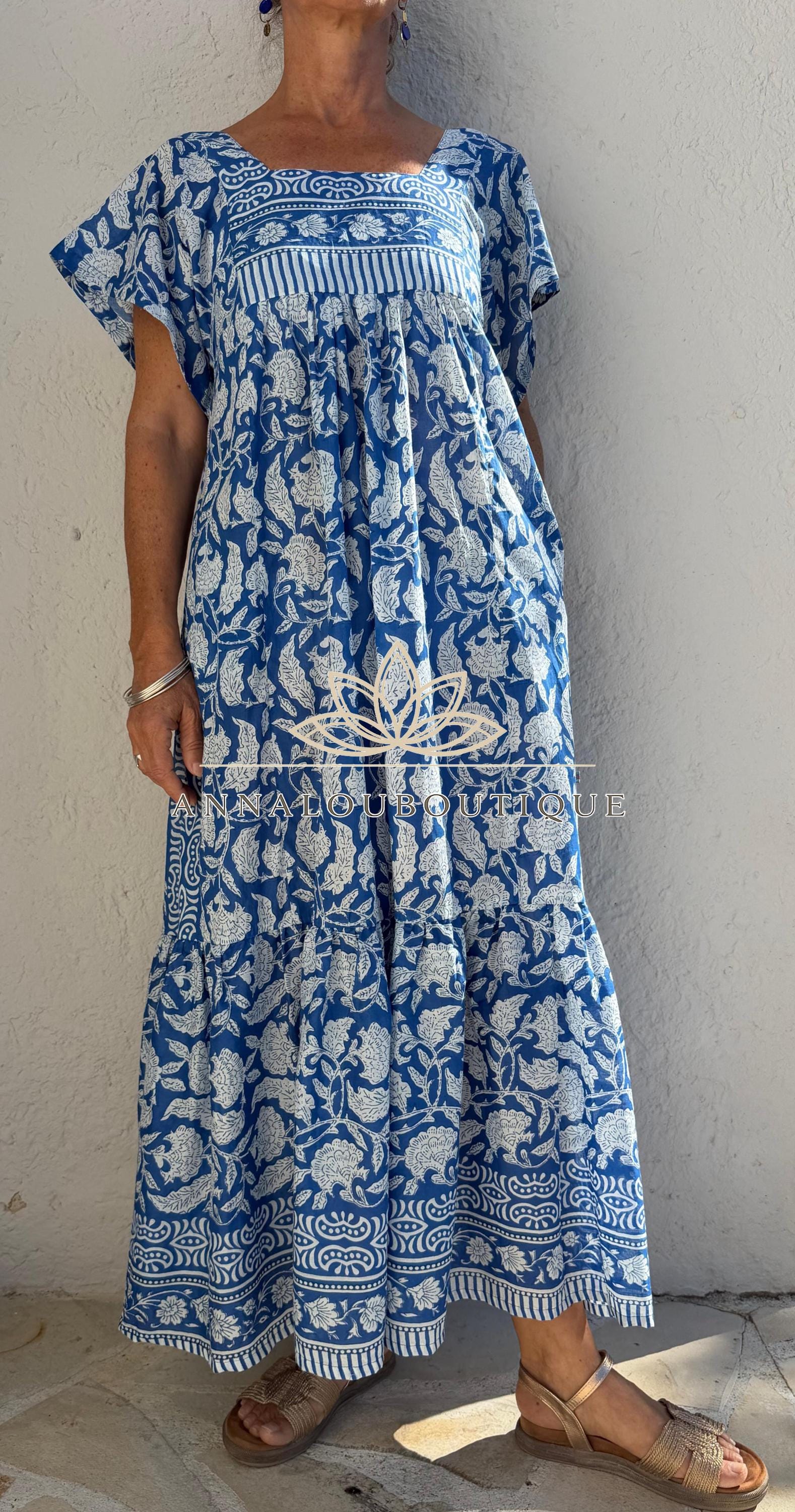 Navy Blue Floral Maxi Dress, Handmade Cotton Summer Dress, Flowy Bohemian Resort Wear, Lightweight Women’s Clothing, Limited Edition