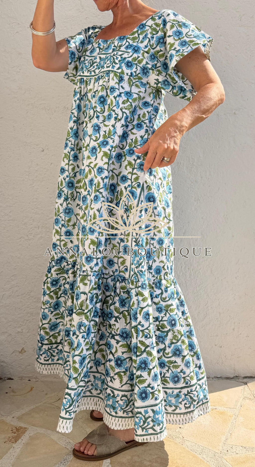 Turquoise Navy Blue Floral Maxi Dress, Handmade Summer Dress, Flowy Bohemian Resort Wear, Lightweight Women’s Clothing, Limited Edition