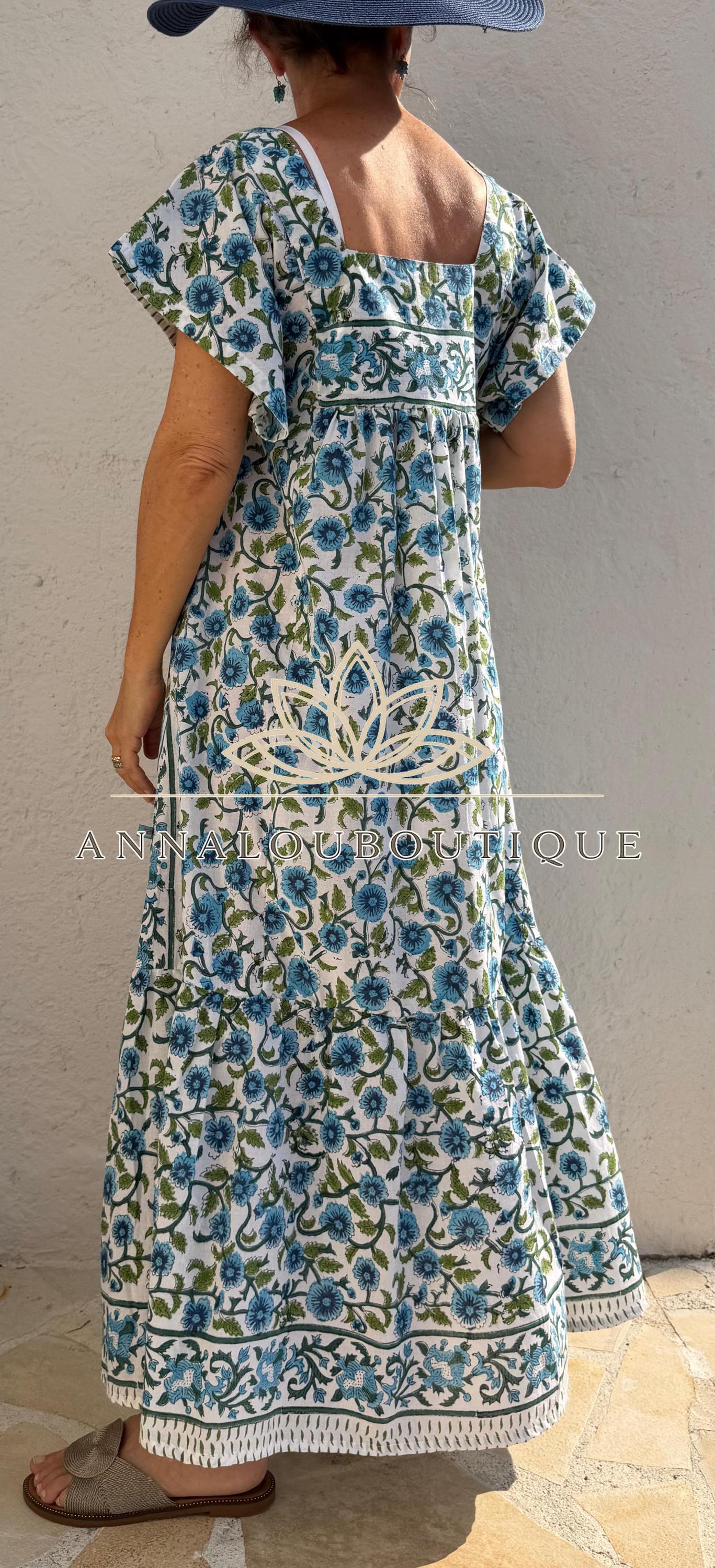 Turquoise Navy Blue Floral Maxi Dress, Handmade Summer Dress, Flowy Bohemian Resort Wear, Lightweight Women’s Clothing, Limited Edition