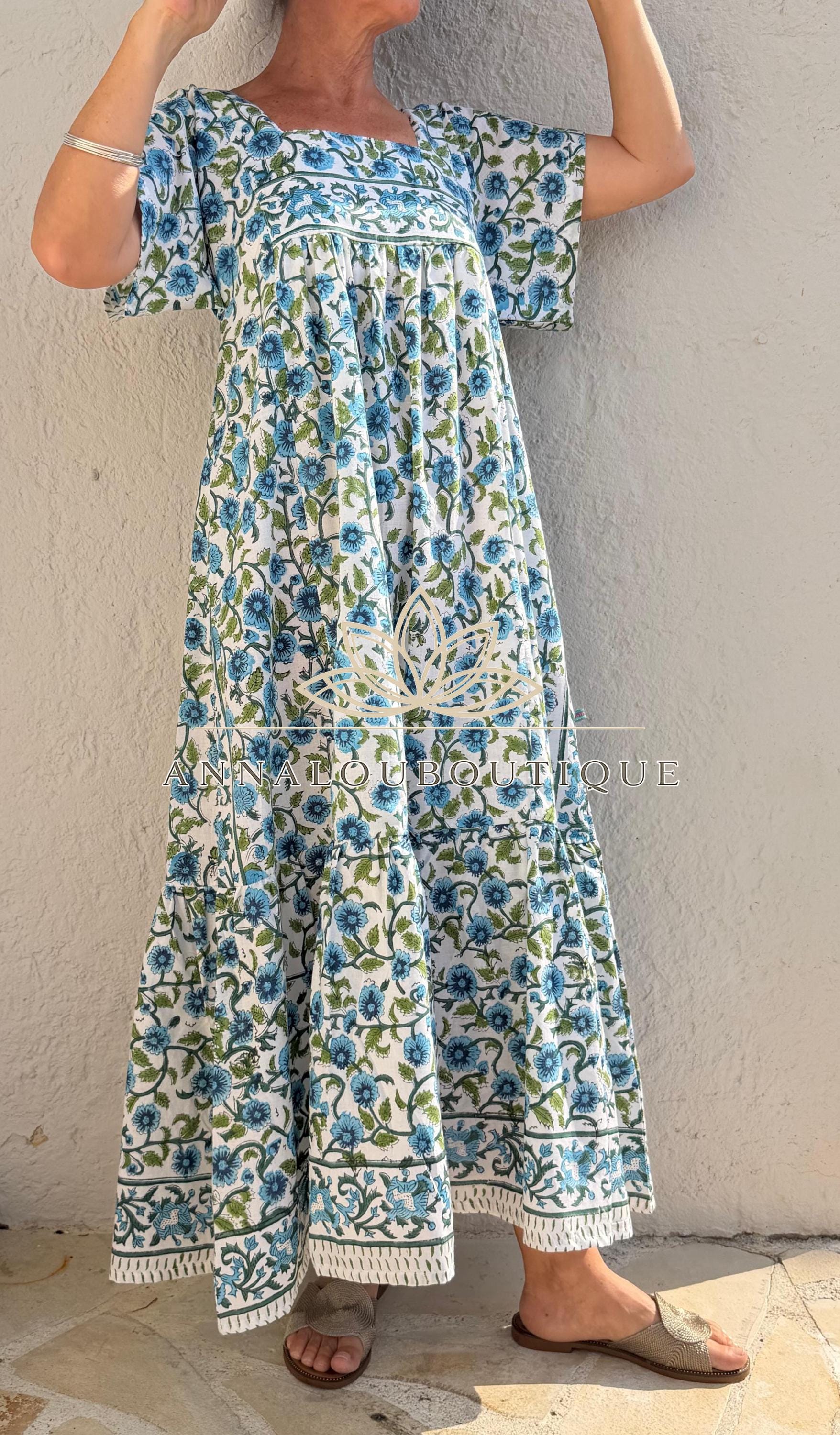 Turquoise Navy Blue Floral Maxi Dress, Handmade Summer Dress, Flowy Bohemian Resort Wear, Lightweight Women’s Clothing, Limited Edition