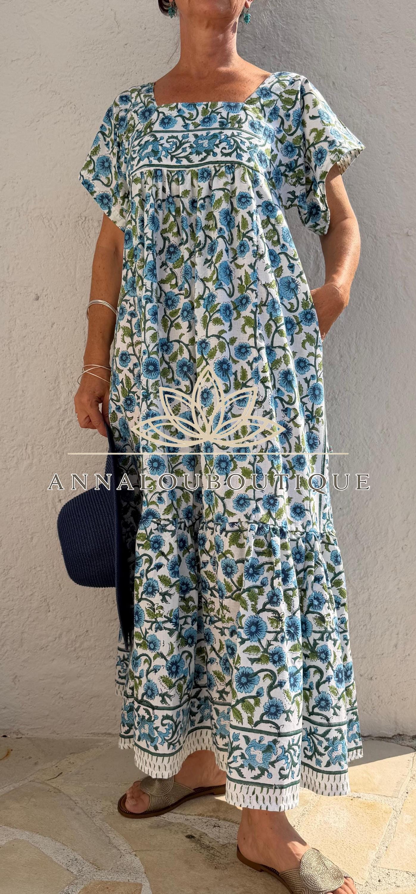Turquoise Navy Blue Floral Maxi Dress, Handmade Summer Dress, Flowy Bohemian Resort Wear, Lightweight Women’s Clothing, Limited Edition