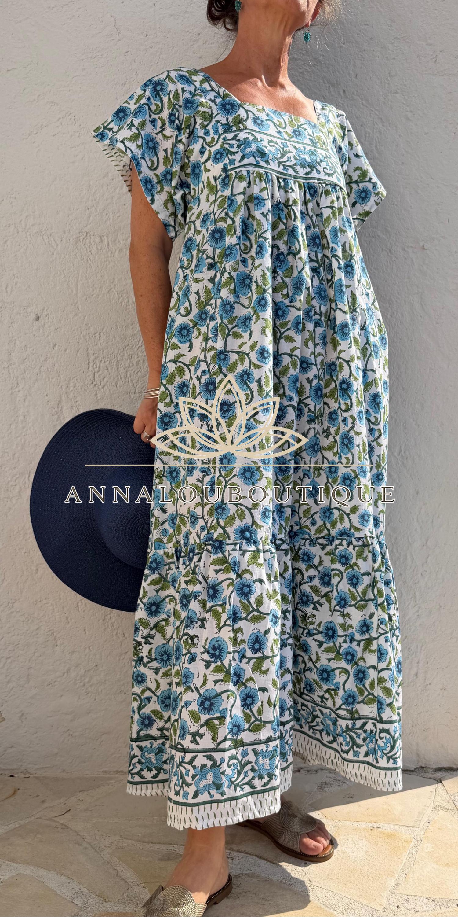 Turquoise Navy Blue Floral Maxi Dress, Handmade Summer Dress, Flowy Bohemian Resort Wear, Lightweight Women’s Clothing, Limited Edition