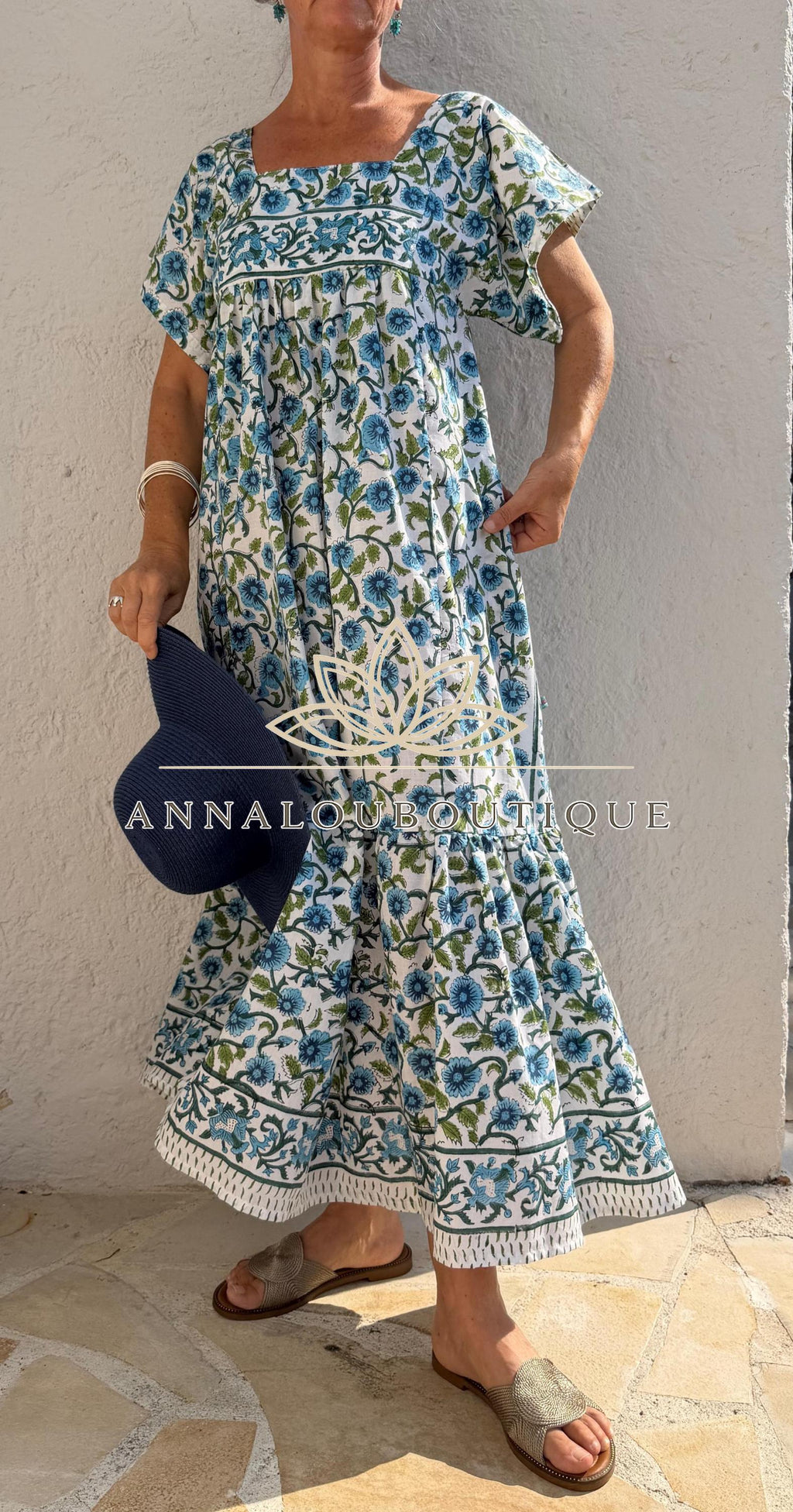 Turquoise Navy Blue Floral Maxi Dress, Handmade Summer Dress, Flowy Bohemian Resort Wear, Lightweight Women’s Clothing, Limited Edition