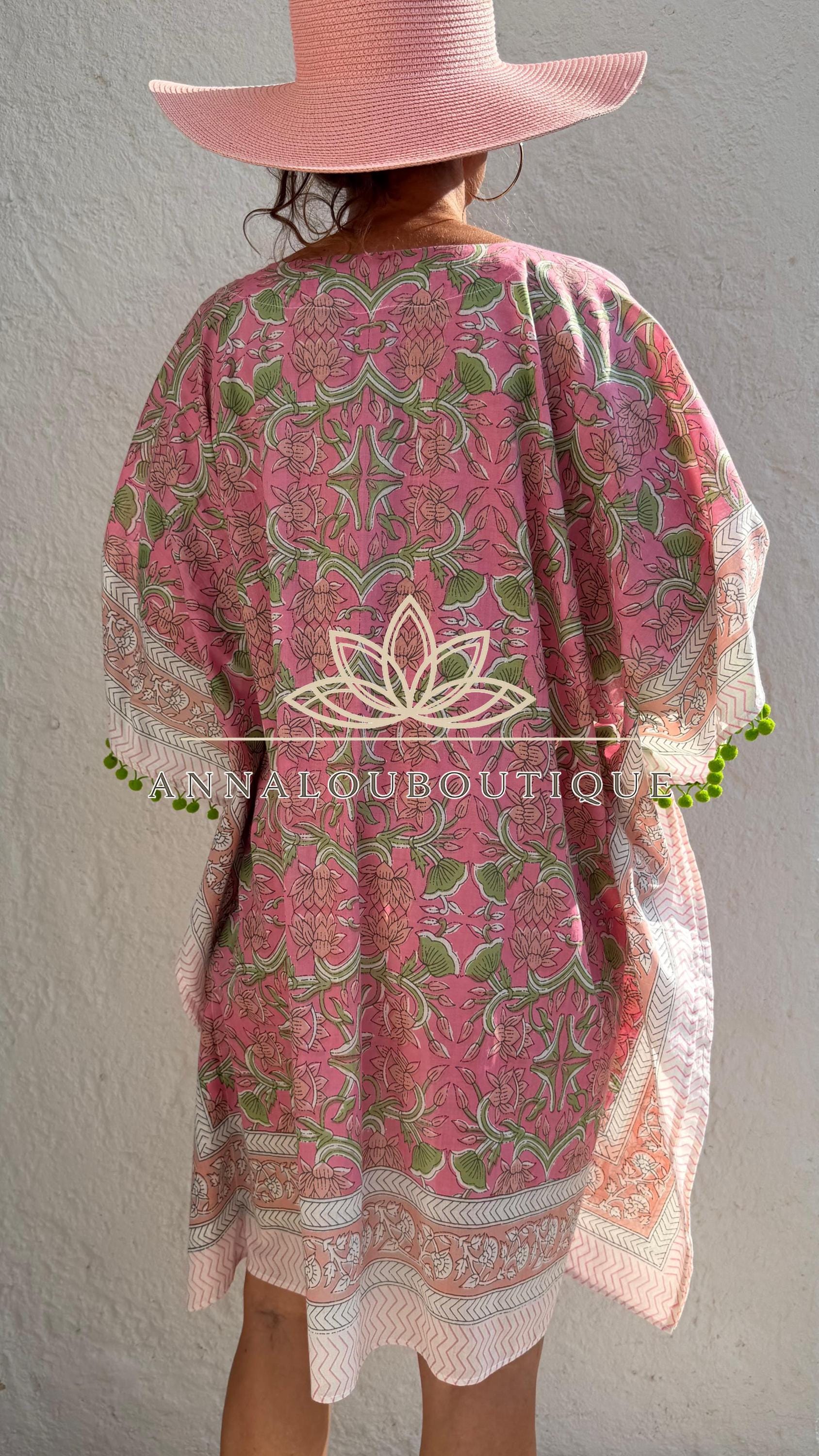 Pale Pink Floral Short Kaftan, Soft Cotton Beach Cover Up, Bohemian Poncho Dress, Hippie Chic Summer Wear, Unique Handmade Piece