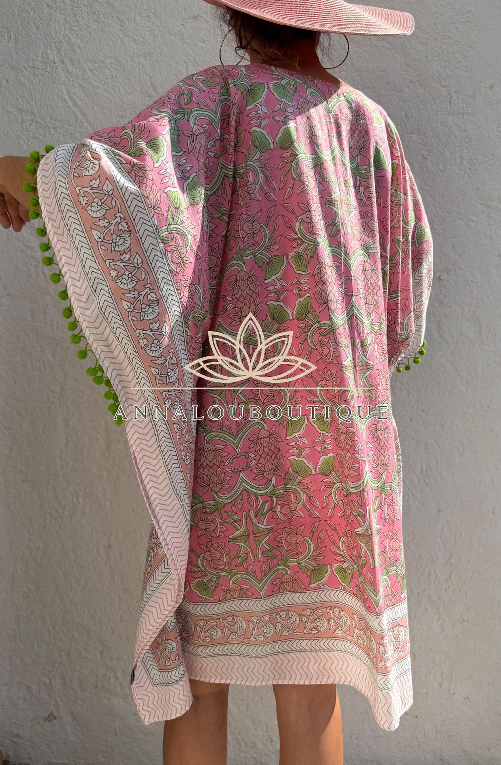 Pale Pink Floral Short Kaftan, Soft Cotton Beach Cover Up, Bohemian Poncho Dress, Hippie Chic Summer Wear, Unique Handmade Piece
