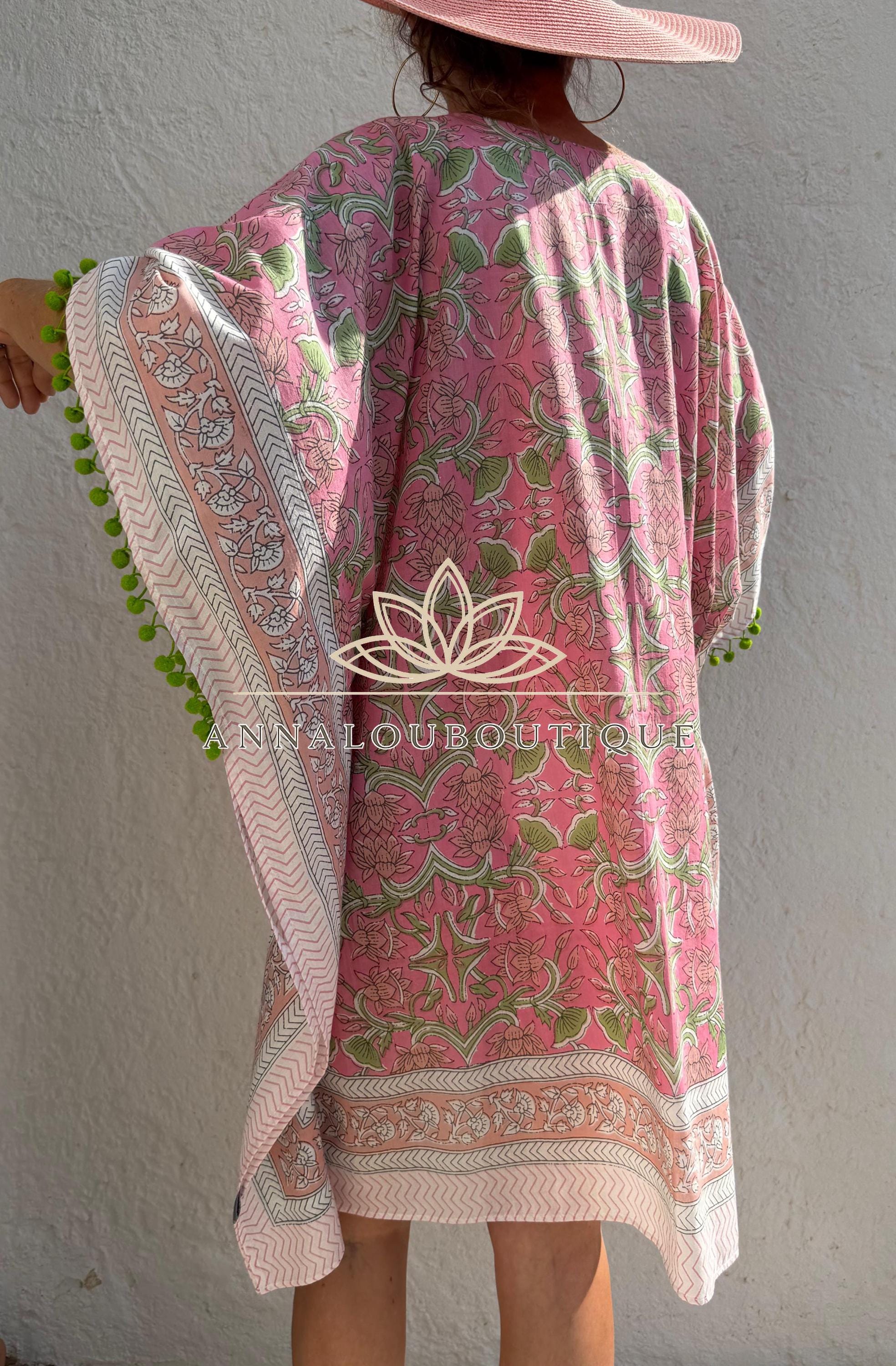 Pale Pink Floral Short Kaftan, Soft Cotton Beach Cover Up, Bohemian Poncho Dress, Hippie Chic Summer Wear, Unique Handmade Piece