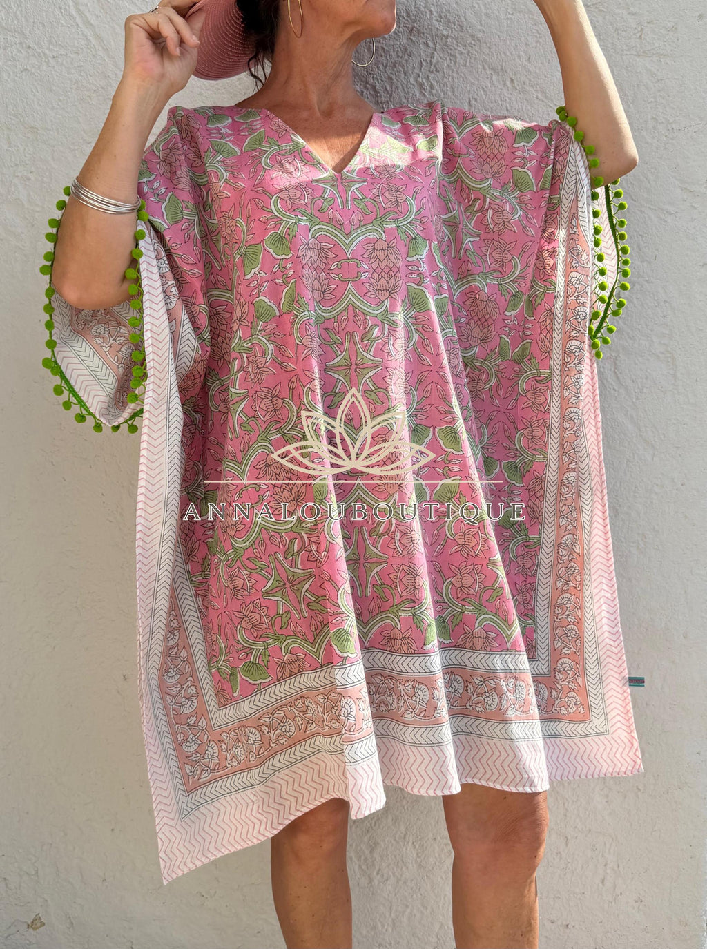 Pale Pink Floral Short Kaftan, Soft Cotton Beach Cover Up, Bohemian Poncho Dress, Hippie Chic Summer Wear, Unique Handmade Piece