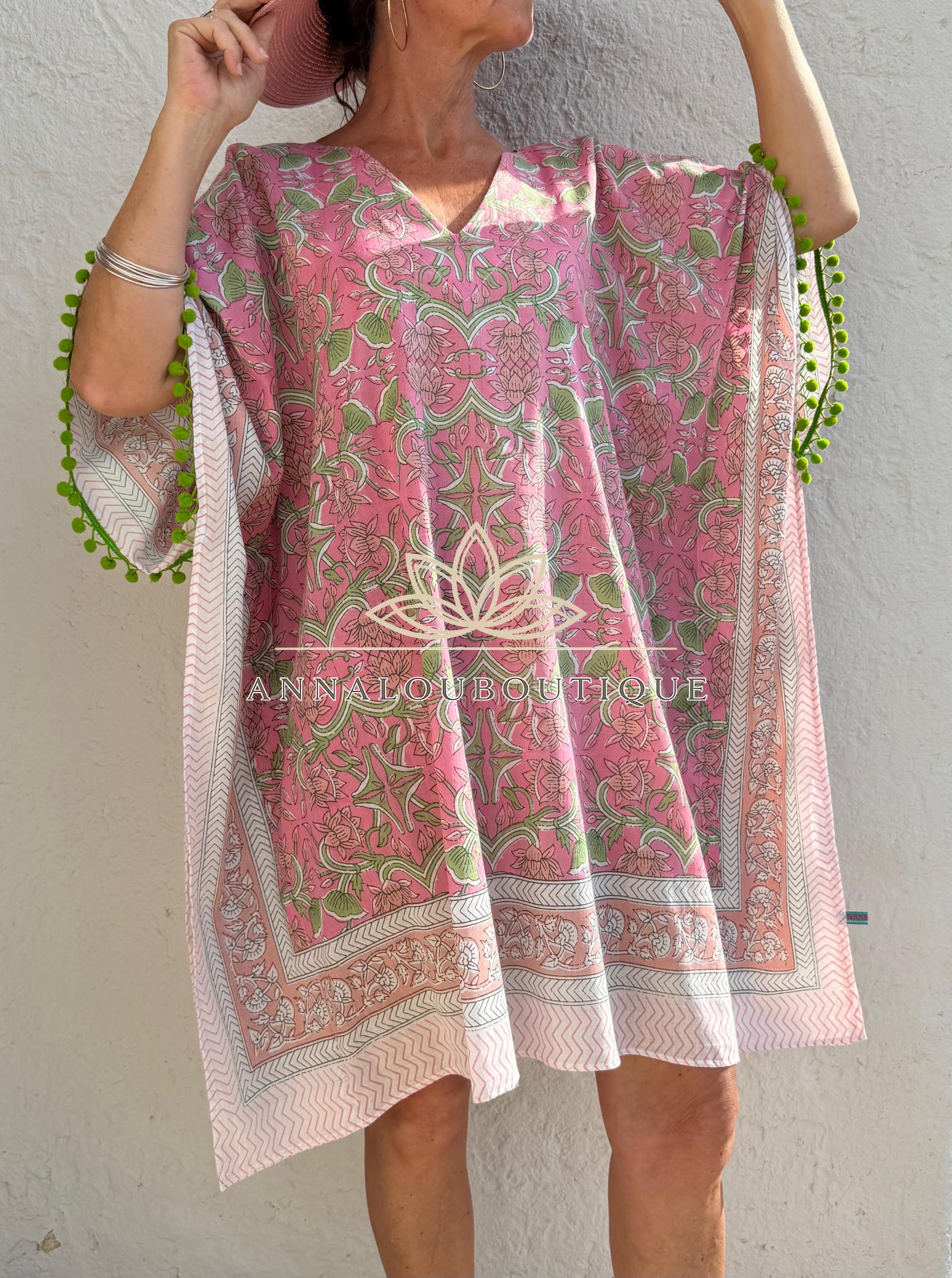 Pale Pink Floral Short Kaftan, Soft Cotton Beach Cover Up, Bohemian Poncho Dress, Hippie Chic Summer Wear, Unique Handmade Piece