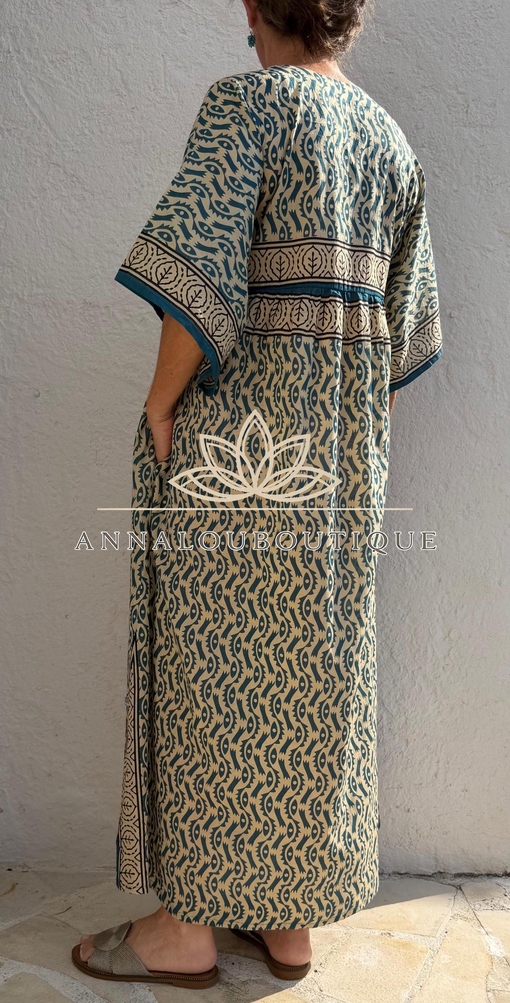 Beige & Blue Oversized Cotton Maxi Dress, Resort Boho Dress, Soft Cotton Summer Outfit, Flowy Women's Dress