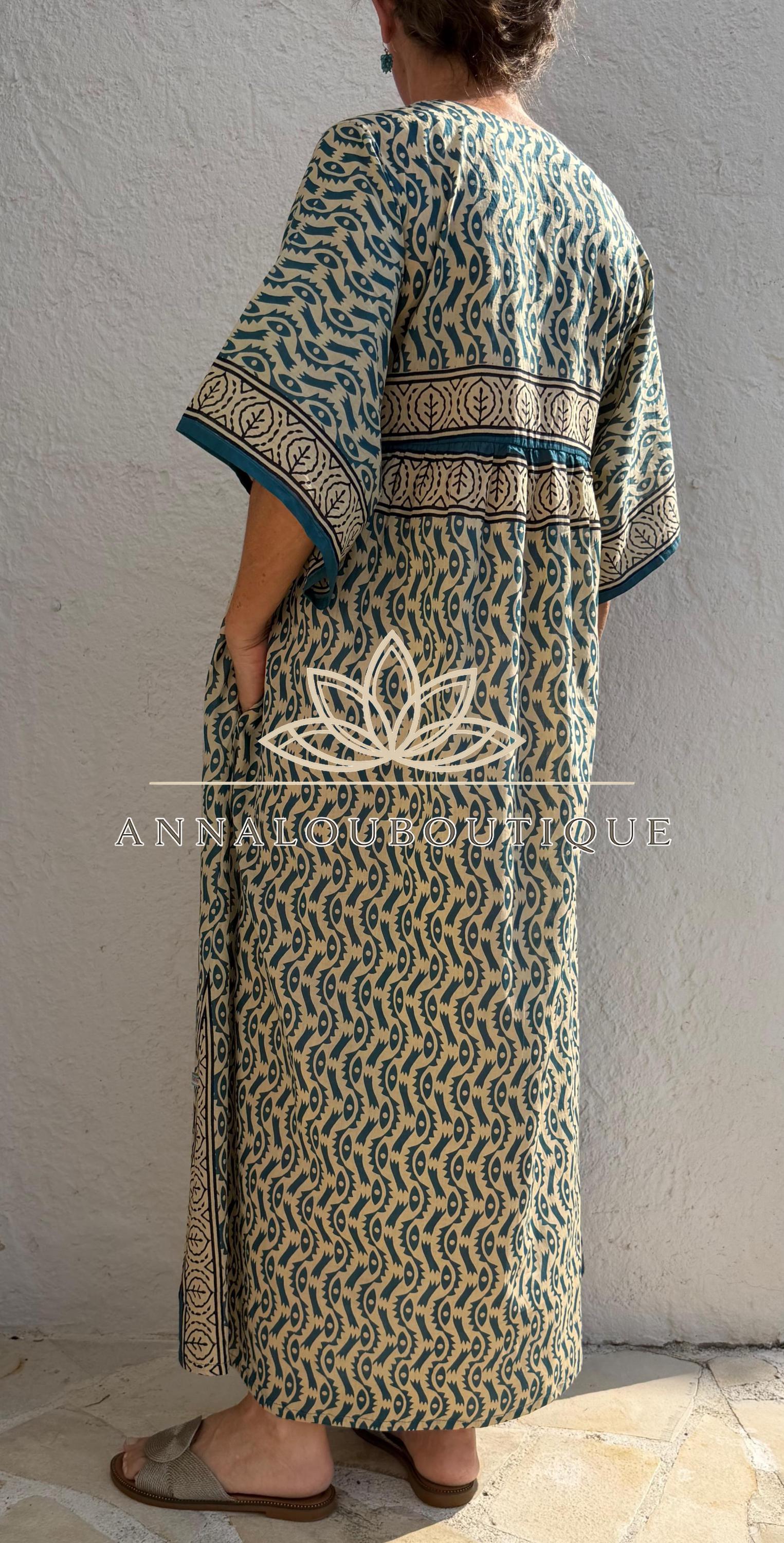Beige & Blue Oversized Cotton Maxi Dress, Resort Boho Dress, Soft Cotton Summer Outfit, Flowy Women's Dress