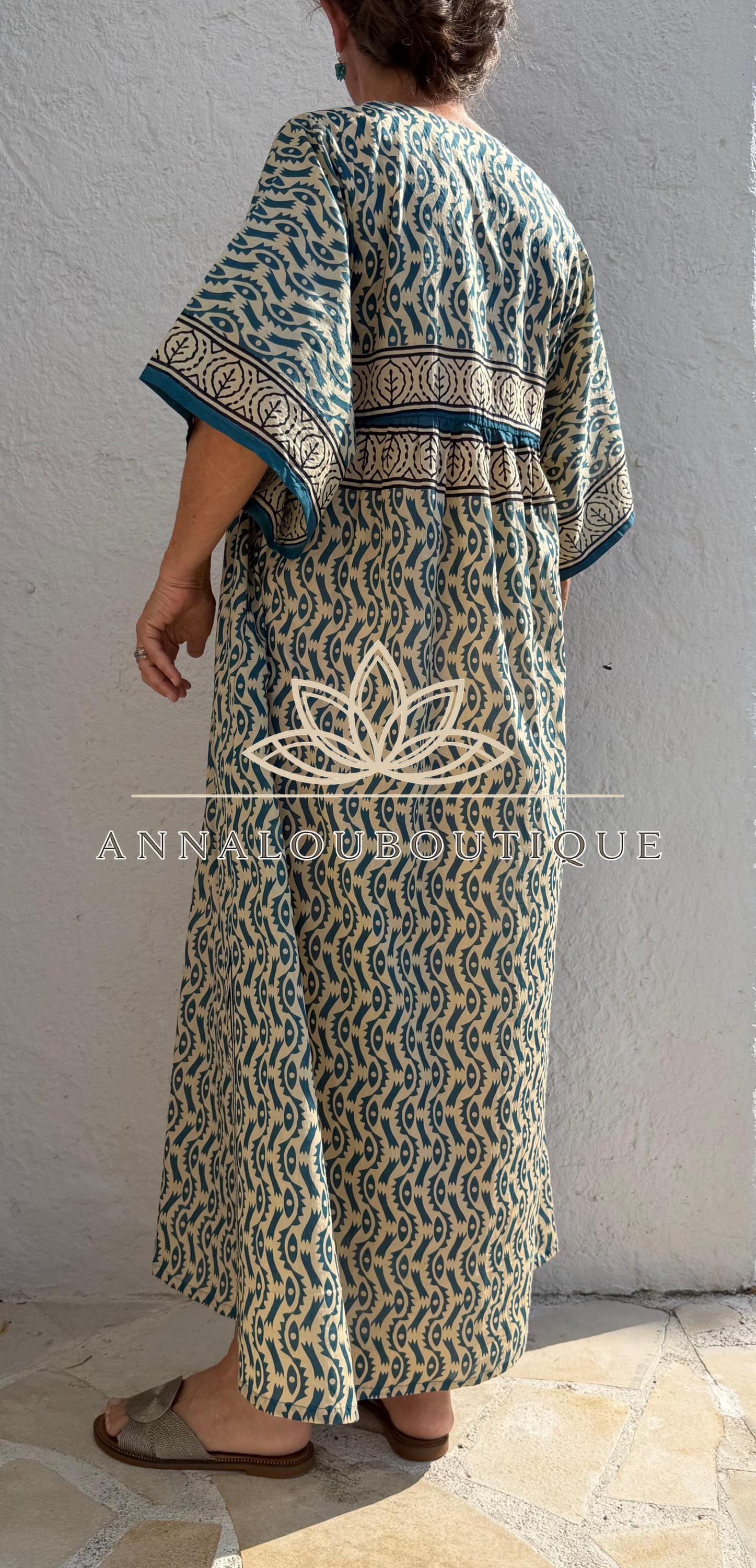 Beige & Blue Oversized Cotton Maxi Dress, Resort Boho Dress, Soft Cotton Summer Outfit, Flowy Women's Dress