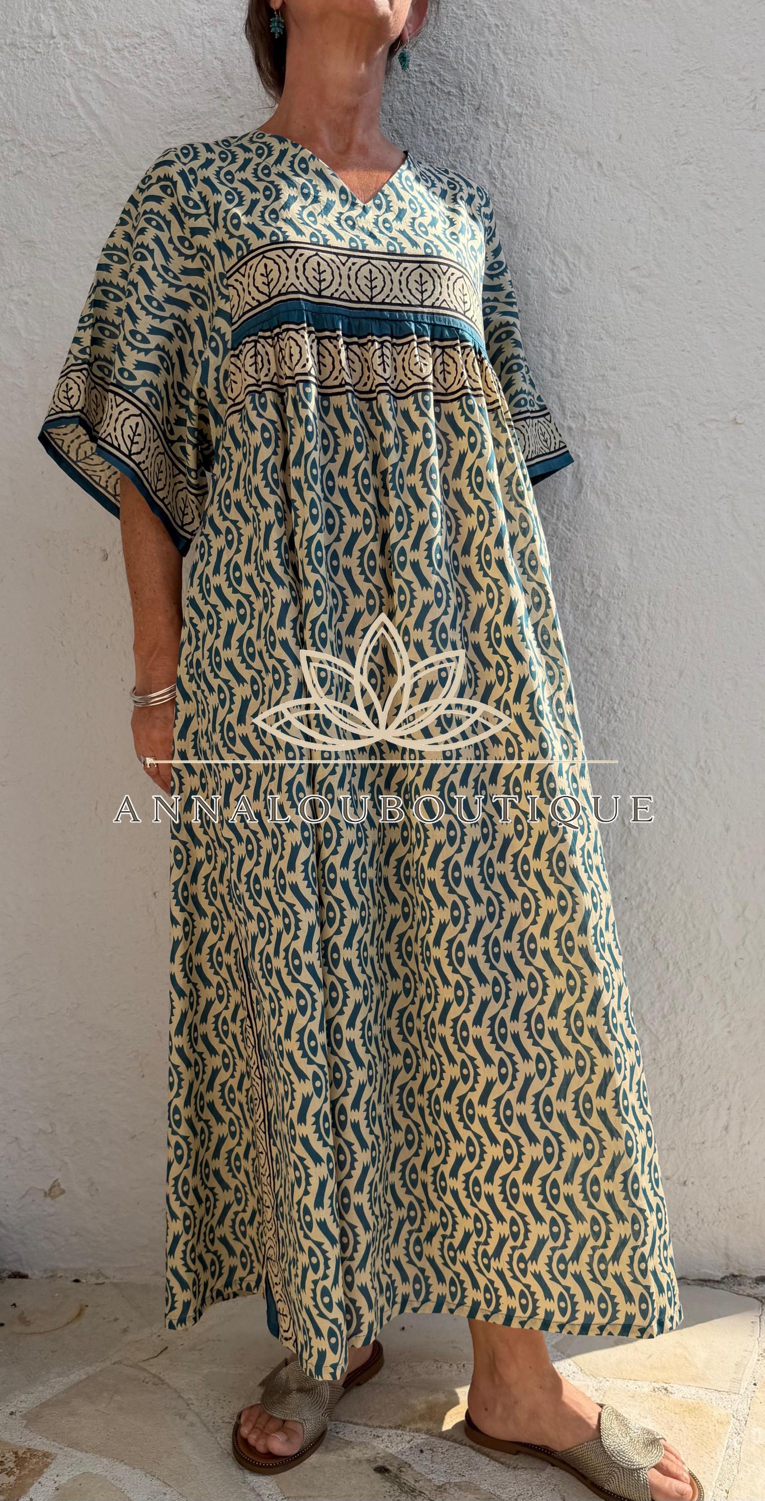 Beige & Blue Oversized Cotton Maxi Dress, Resort Boho Dress, Soft Cotton Summer Outfit, Flowy Women's Dress