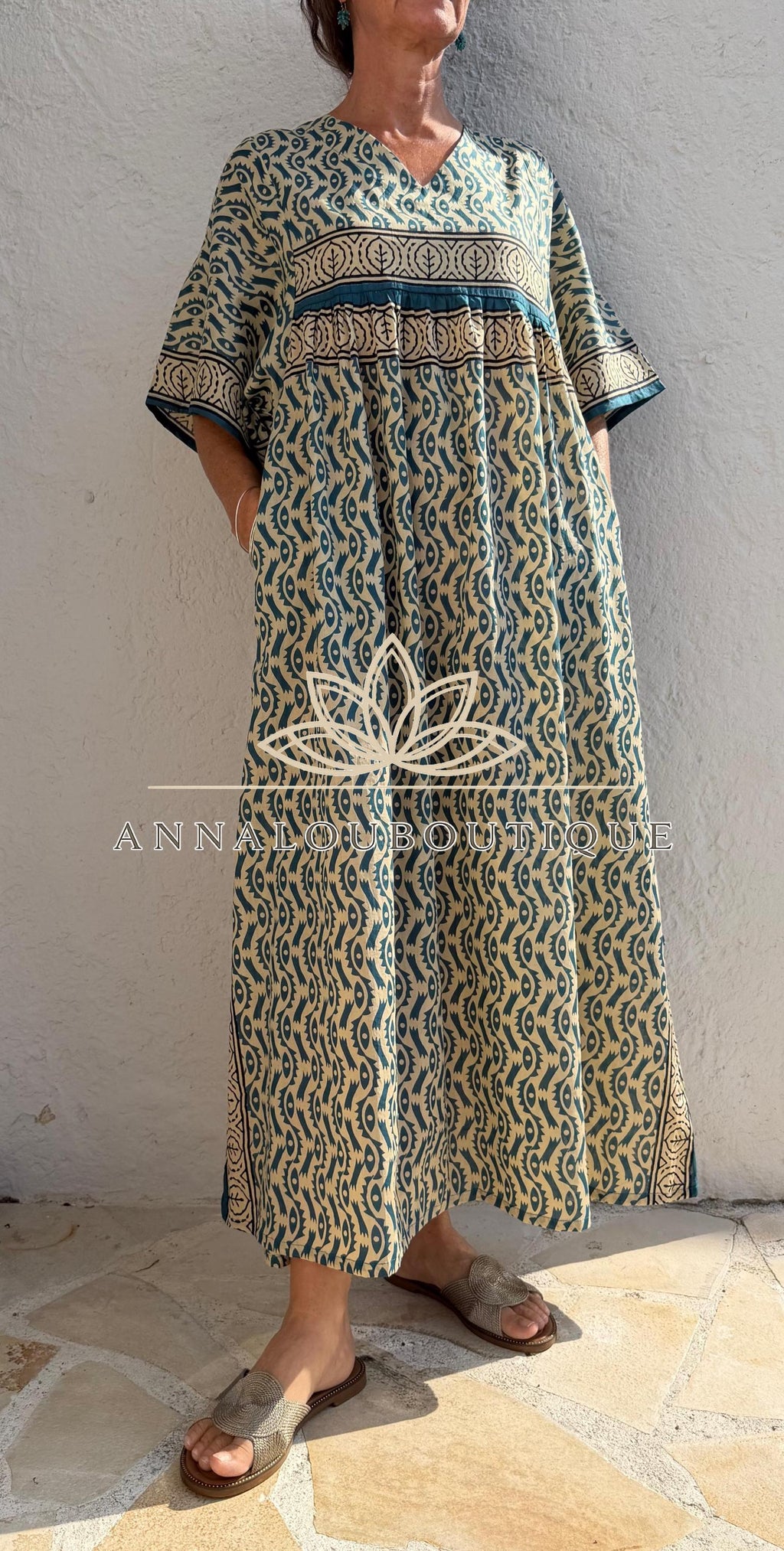 Beige & Blue Oversized Cotton Maxi Dress, Resort Boho Dress, Soft Cotton Summer Outfit, Flowy Women's Dress