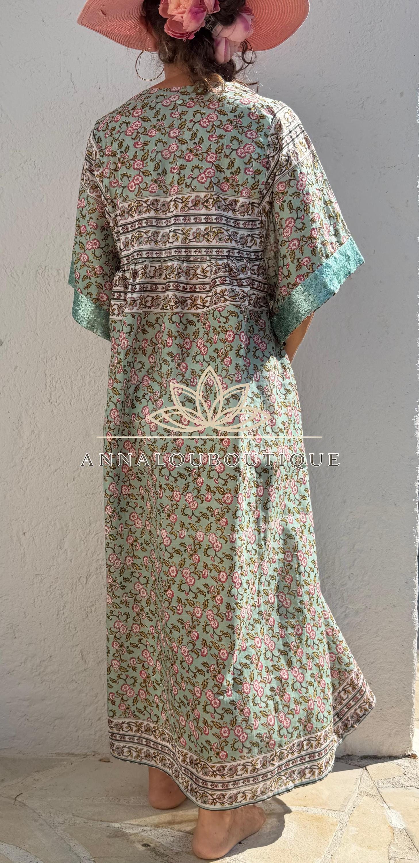 Water Green Floral Maxi Dress, Oversized Soft Cotton Summer Dress, Bohemian Resort Wear, Flowy Casual Outfit, Lightweight Women’s Clothing