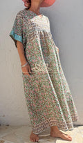 Water Green Floral Maxi Dress, Oversized Soft Cotton Summer Dress, Bohemian Resort Wear, Flowy Casual Outfit, Lightweight Women’s Clothing