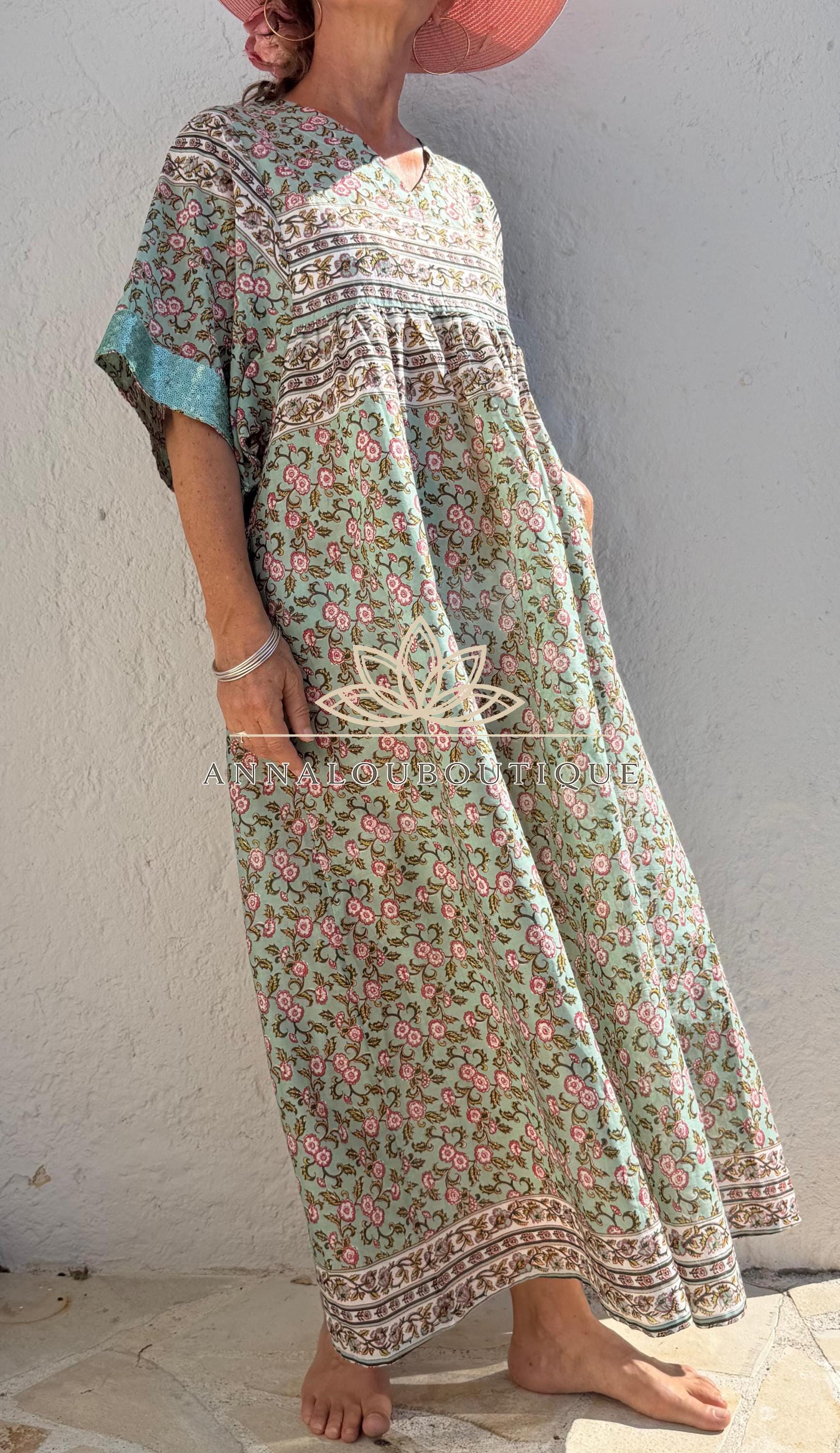 Water Green Floral Maxi Dress, Oversized Soft Cotton Summer Dress, Bohemian Resort Wear, Flowy Casual Outfit, Lightweight Women’s Clothing