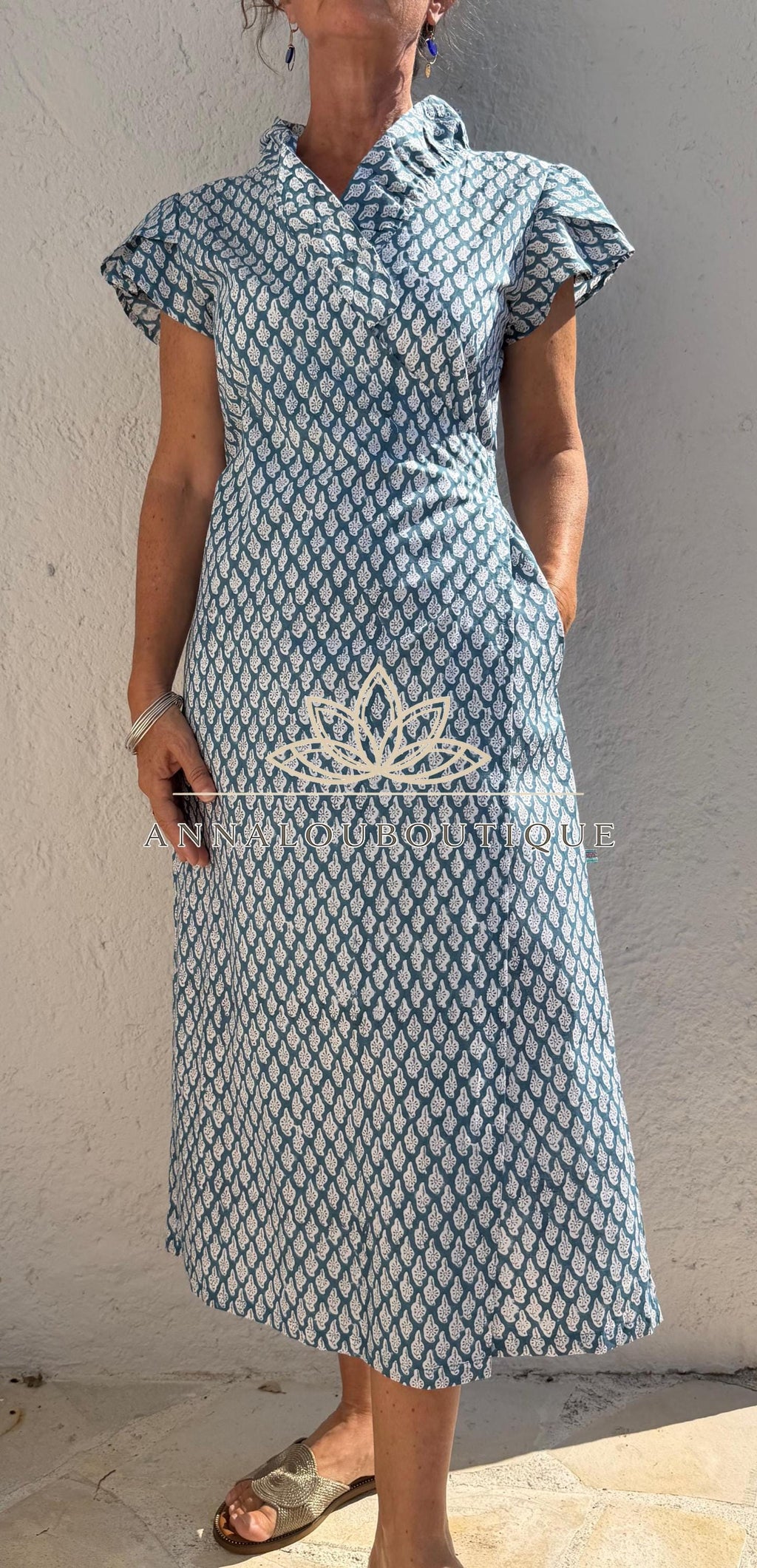 Blue Grey Paisley Wrap Dress, Cotton Maxi Dress, Bohemian Summer Outfit, Ruffled Collar Short Sleeve Dress, Flowy Resort Wear