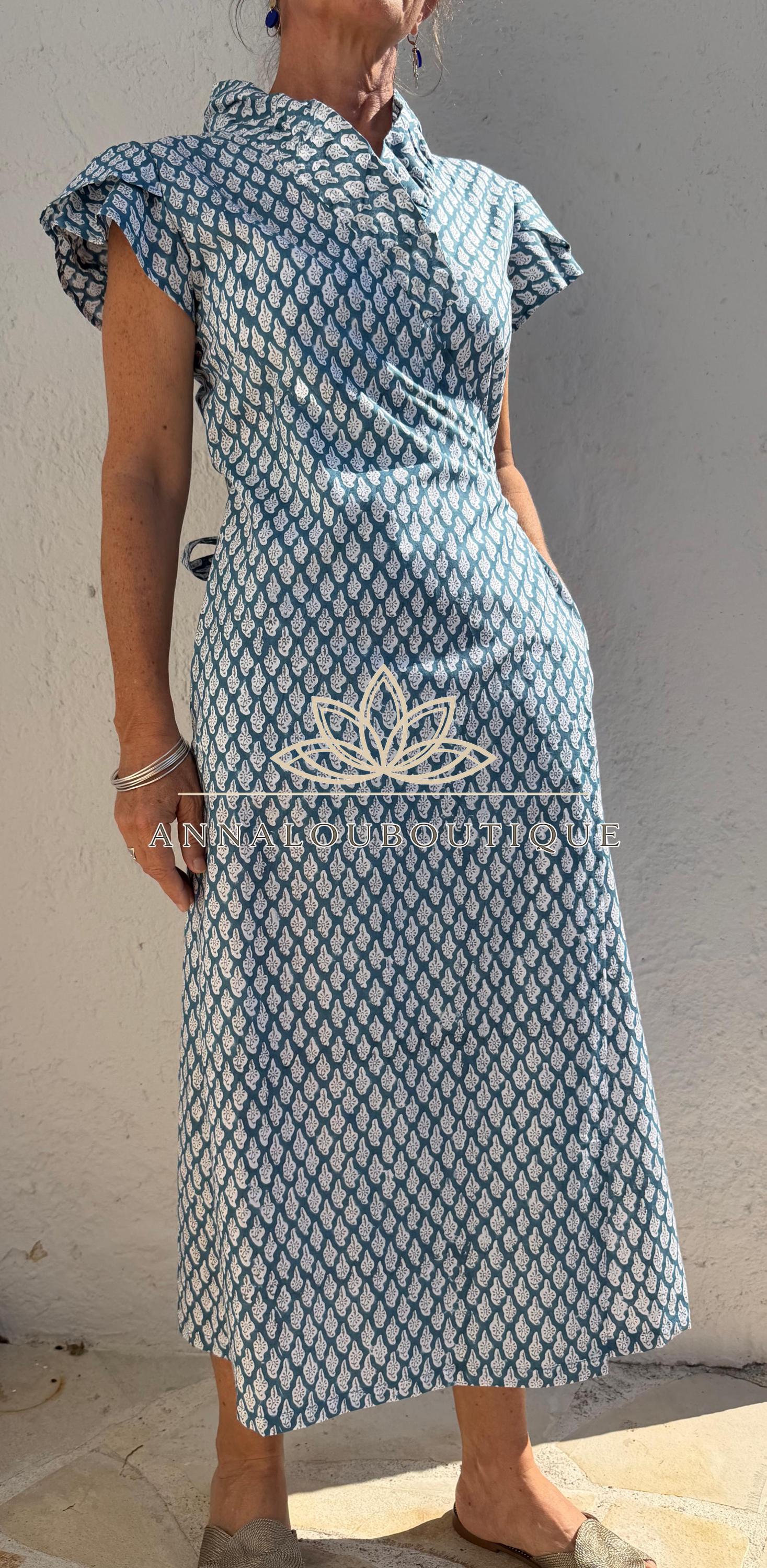 Blue Grey Paisley Wrap Dress, Cotton Maxi Dress, Bohemian Summer Outfit, Ruffled Collar Short Sleeve Dress, Flowy Resort Wear