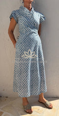 Blue Grey Paisley Wrap Dress, Cotton Maxi Dress, Bohemian Summer Outfit, Ruffled Collar Short Sleeve Dress, Flowy Resort Wear