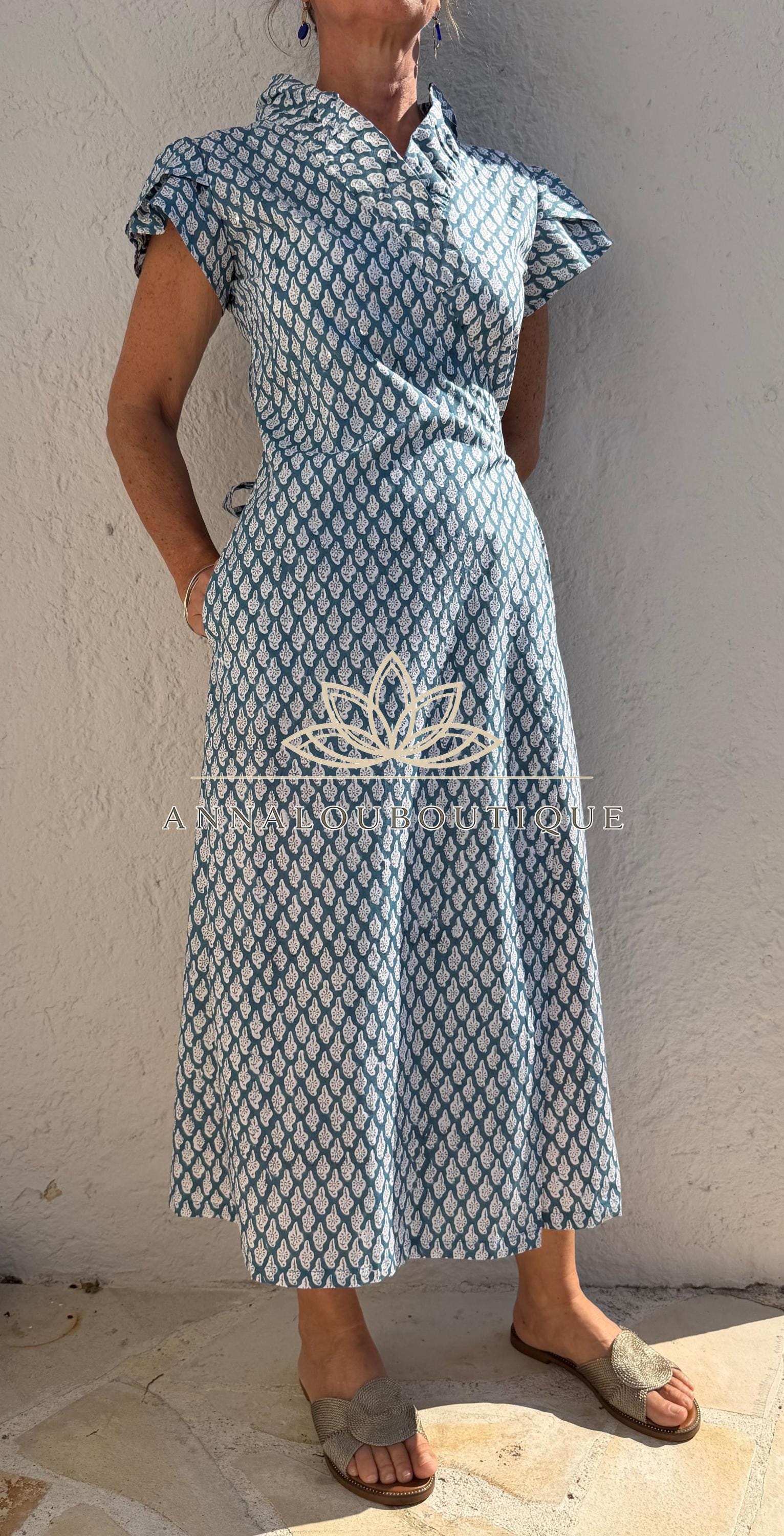Blue Grey Paisley Wrap Dress, Cotton Maxi Dress, Bohemian Summer Outfit, Ruffled Collar Short Sleeve Dress, Flowy Resort Wear